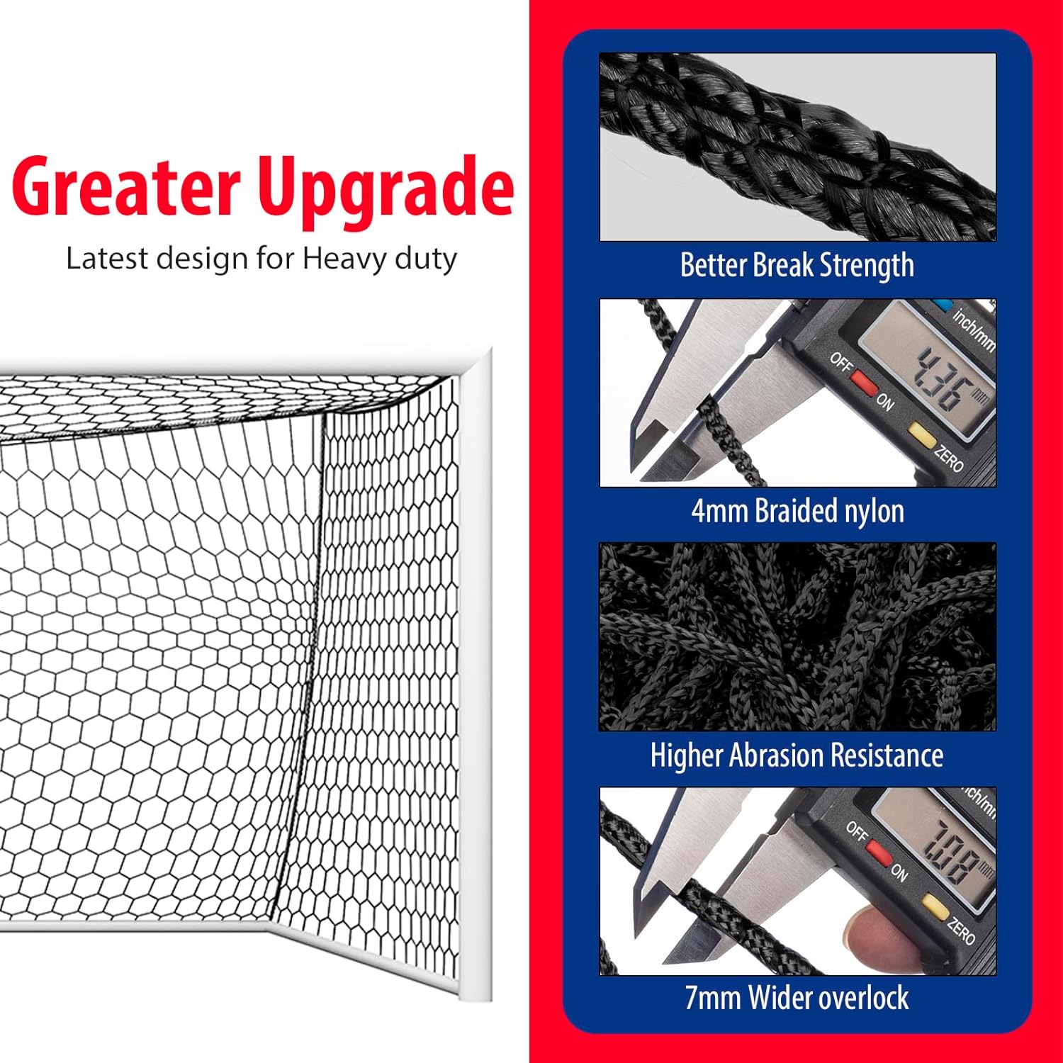 Soccer Goal Net Replacement 24x8FT & 18.5x6.5FT, Professional On-Court Quality [4mm Nylon, 4" Hexagonal], Upgraded Weather, Break and Abrasion Resistance (Net Only)