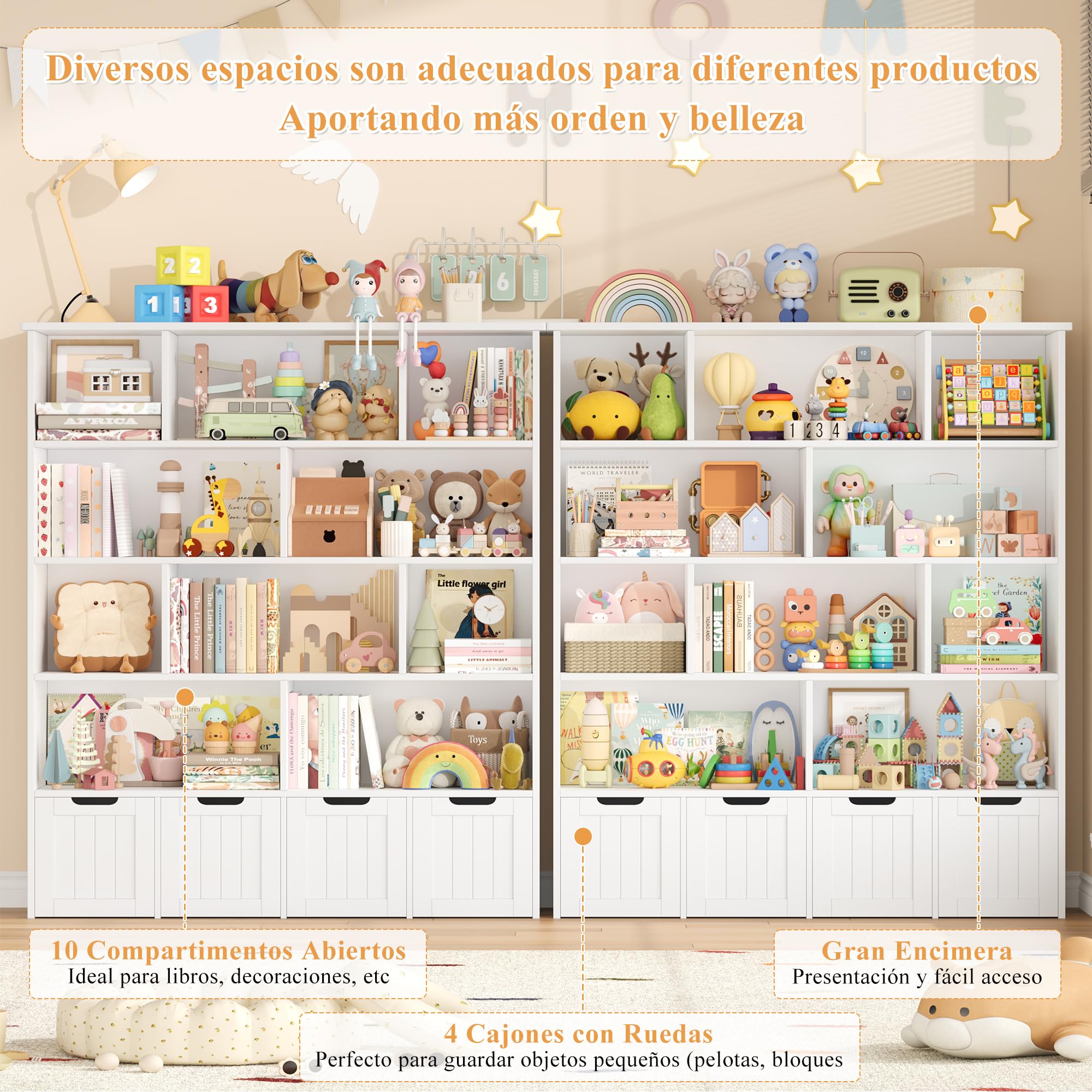 FOREHILL Mueble Organizador Juguetes, Mueble Almacenaje Juguetes, Estanteria Montessori, Organizador de Juguetes Infantil, 4 Cajones con Ruedas, 10 Compartimentos, Blanco 125.5x33x146 cm