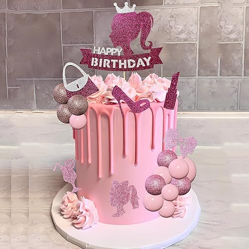 Miniatura 4 de Decoraciones de pastel de princesa rosa intenso, decoración de pastel de feliz cumpleaños con 20 bolas para decoración de pasteles y 12 decoraciones