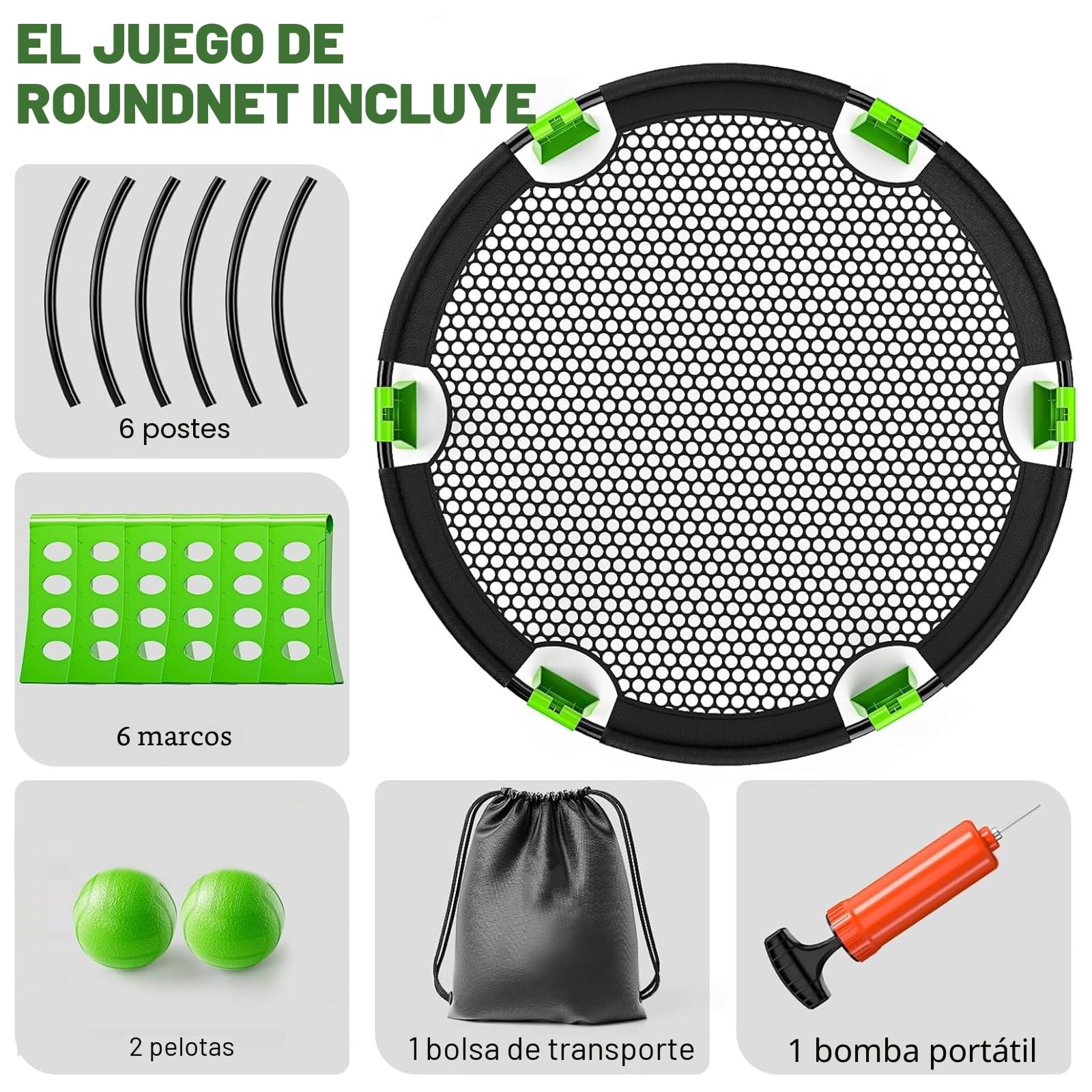 Juego de Roundnet Completo con 2 Pelotas, Bomba de Aire, Redes, Cuerda de Tensión y Bolsa de Transporte | Portátil para Playa, Césped, Jardín y Parque