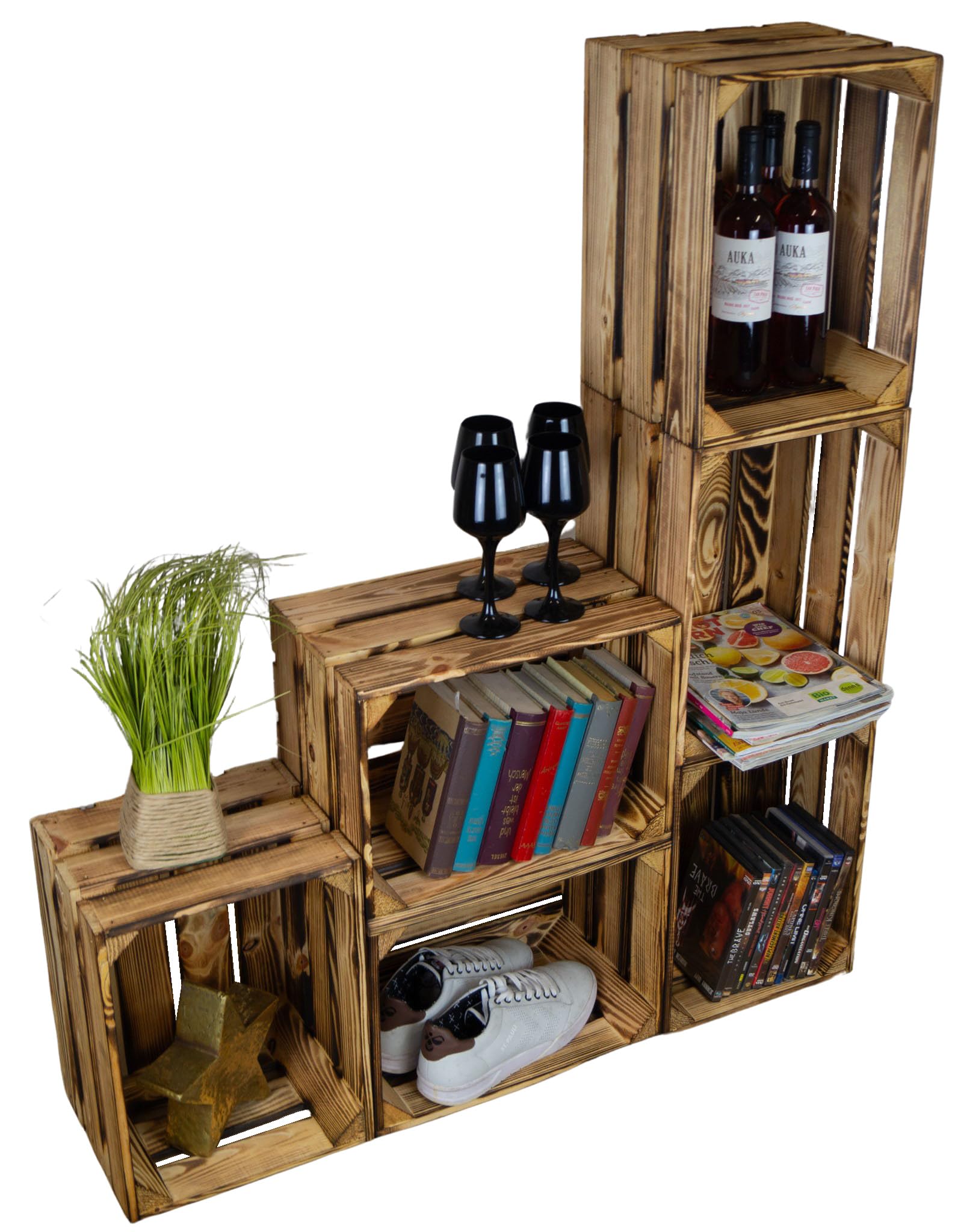 Bella, scatola di legno fiammata, 40 x 30 x 25 cm, portabottiglie per vino, scaffale per bambini, libreria, cassapanca per mobili, cassetta per vino, cassetta per frutta, mele (set da 2