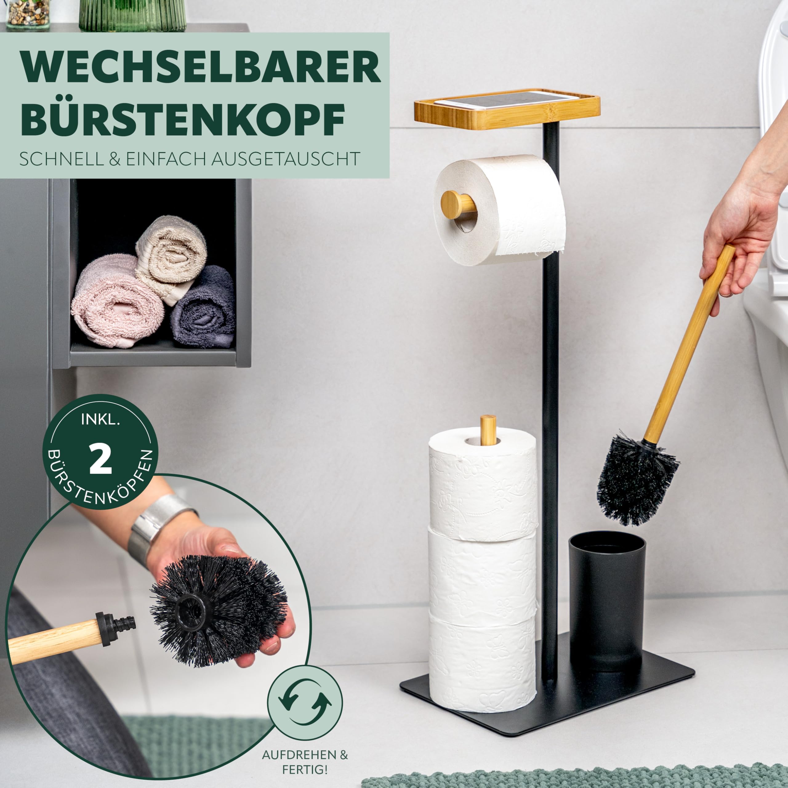 Lolahome Klopapierhalter Mit Bürste, Schwarz, Metall – Minimalistisch, Kein Bohren Nötig