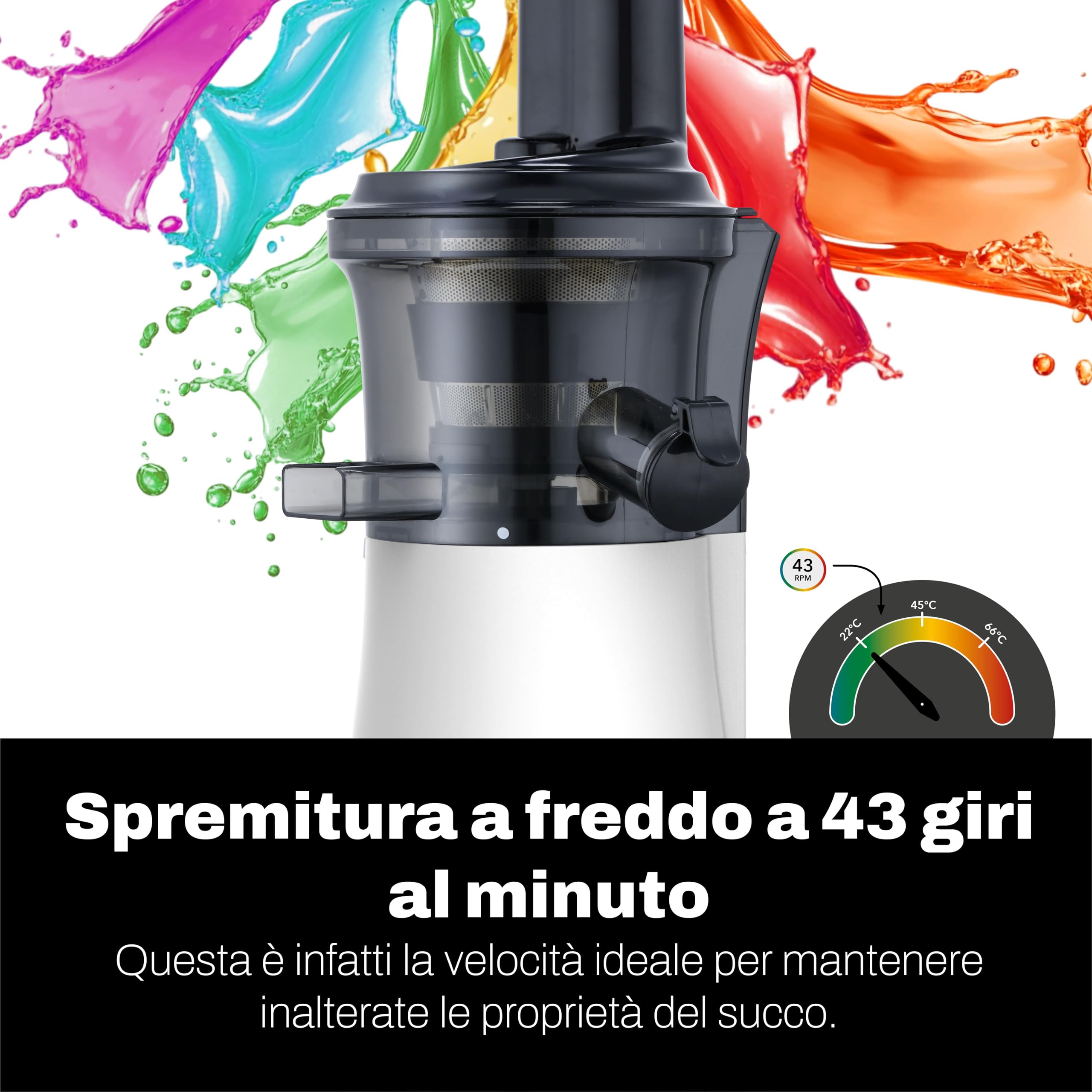 Classe Italy Estrattore di succo a Freddo 43 giri Compact Smart, Compatto e Silenzioso, Tecnologia Easy Clean, funzione risciacquo, Spremitura a Freddo, Rotazione Inversa