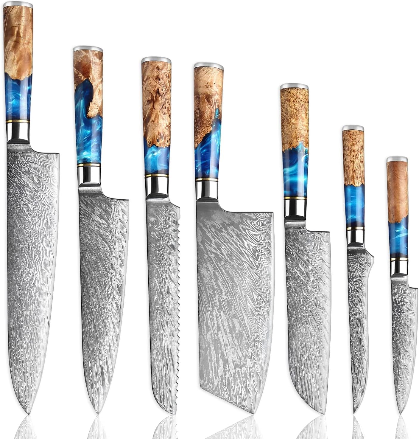 SENKEN 7-Piece Damascus Kitchen Knife Set - Tsunami Collection - 67-Layer Japanese VG10 Steel - Chef's Knife, Cleaver, Santoku, Bread, Boning, & More