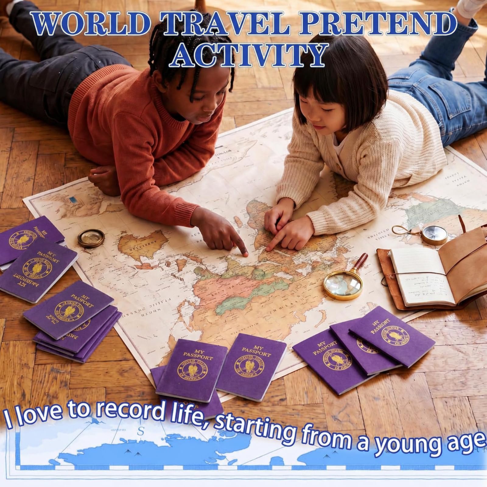 SATINIOR Taccuino vuoto per passaporto, per bambini, per far finta di giocare, per attività fisiche, passaporti, viaggi, feste, diario, forniture scolastiche per classe a tema Little One World (200