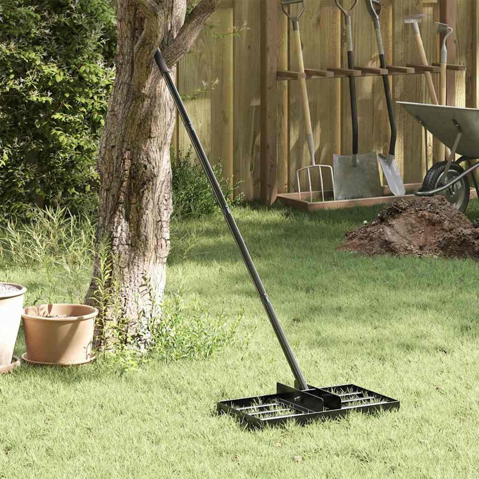 Geecher Rastrello da Giardino, Multifunzionale con Testa Rotante Regolabile, 45 x 25 x 200 cm, Acciaio Verniciato a Polvere Nero Finitura Spazzolata, per Giardinaggio Esterno e Terrazzo