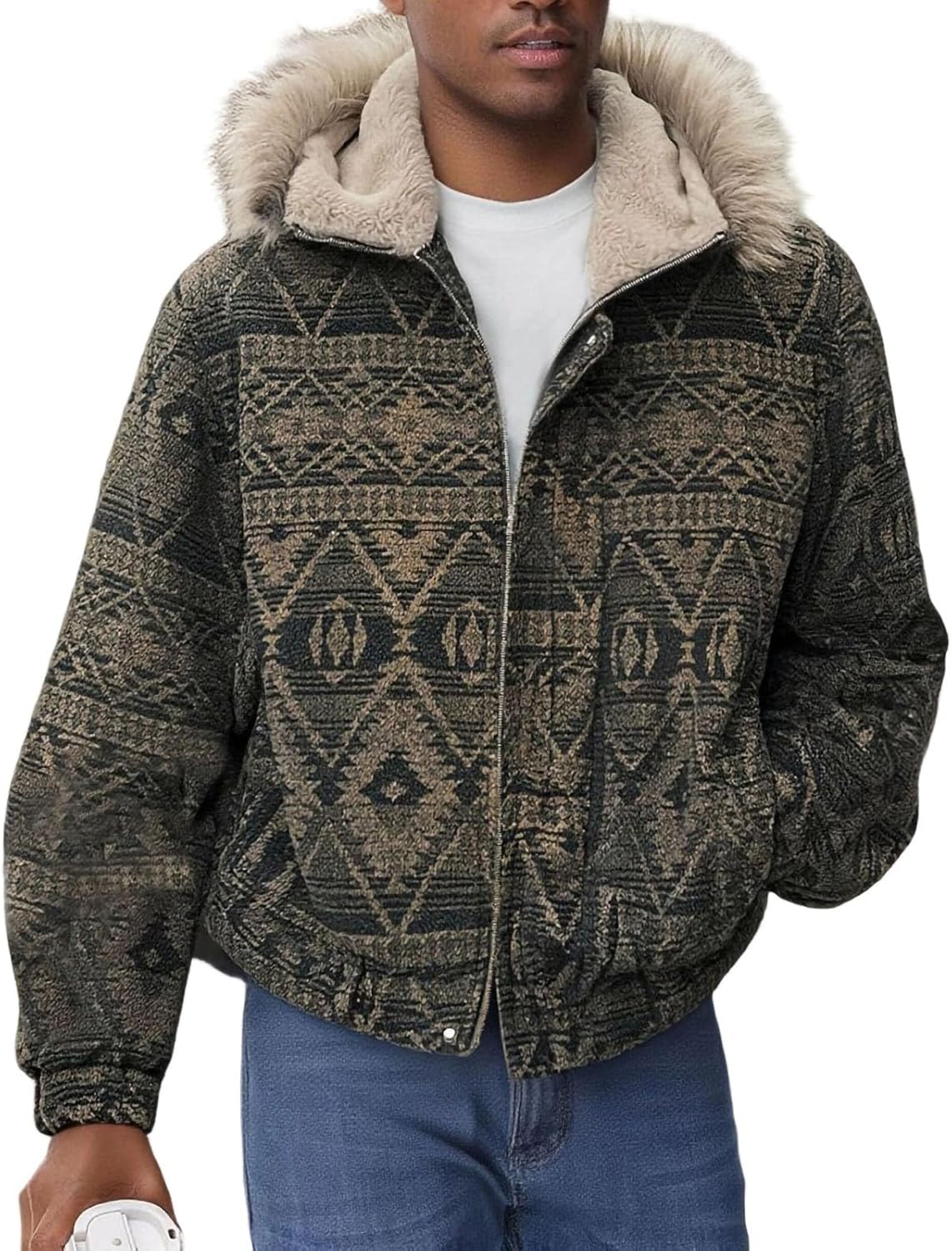 Cambkatl Men's Vintage Aztec Jackets with Big Fur Hood, Stand Collar Thicken Warm Winter Insulated Coats with Pockets
