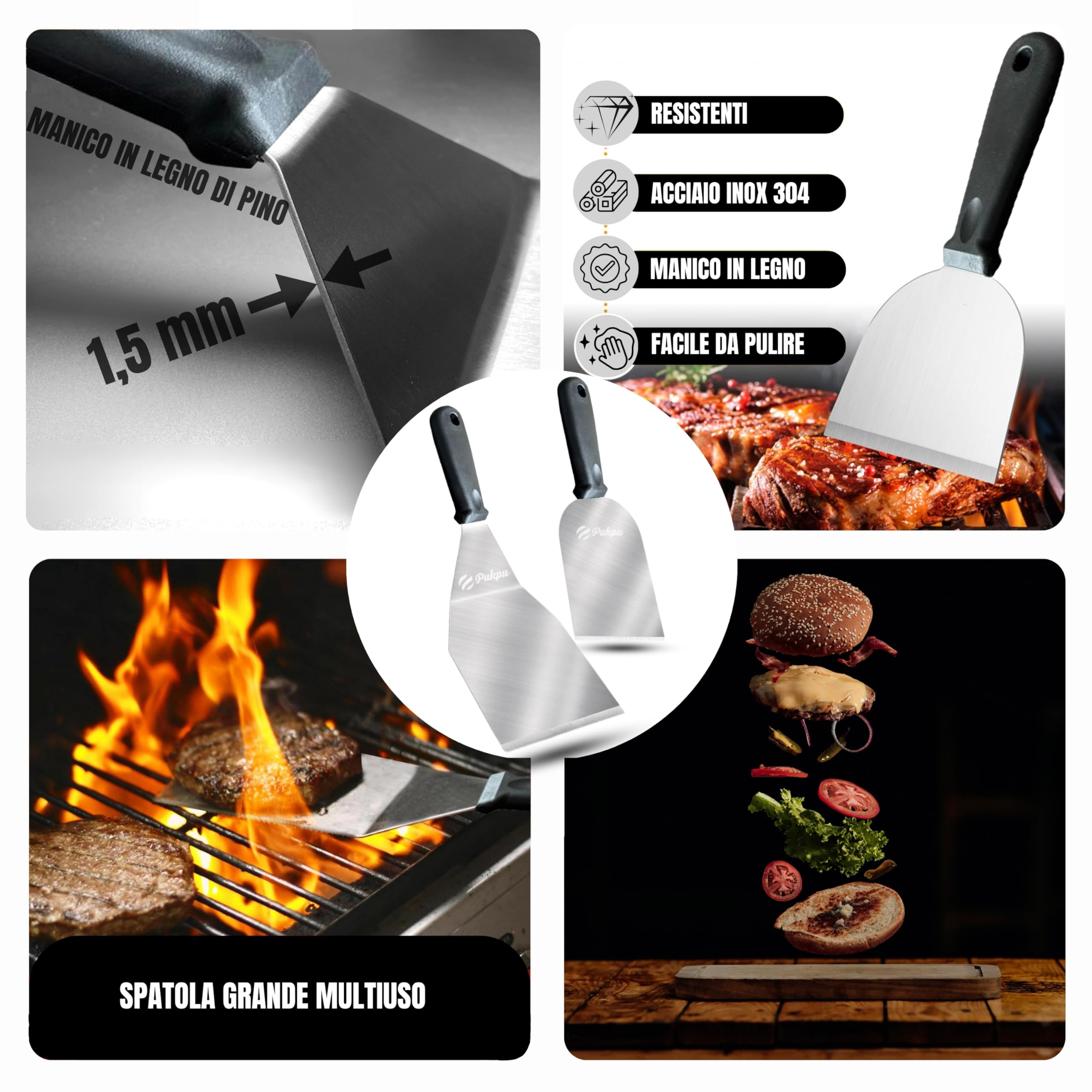 Kit Smash Burger 6 Pezzi Nero – Pressa Hamburger, 2 Spatole Inox, 2 Cloche per Formaggio e Spiedino