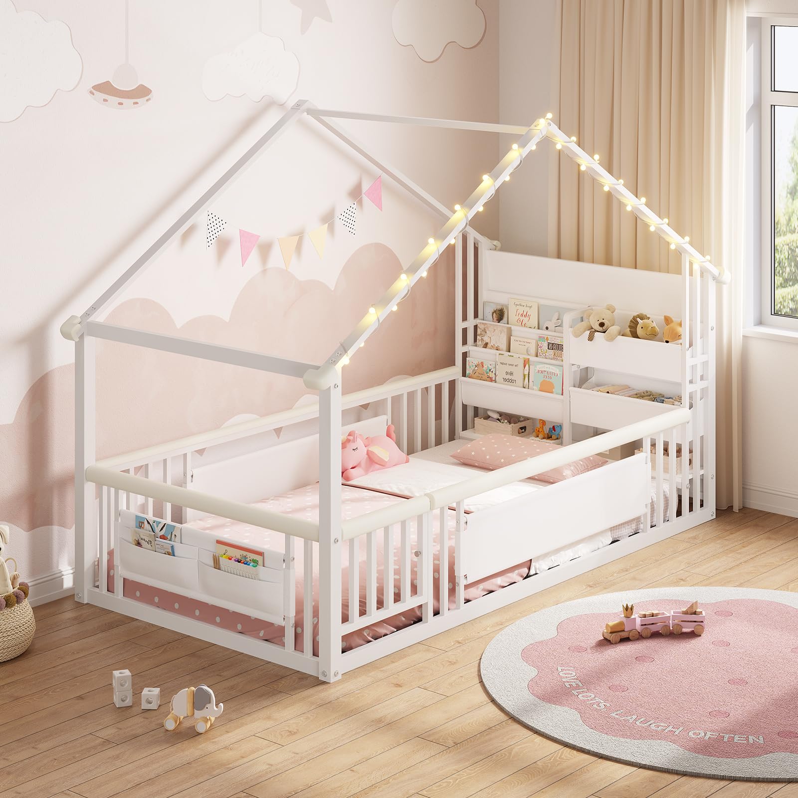 Hausbett 90x200 Metall nach Montessori mit LED, Weiß