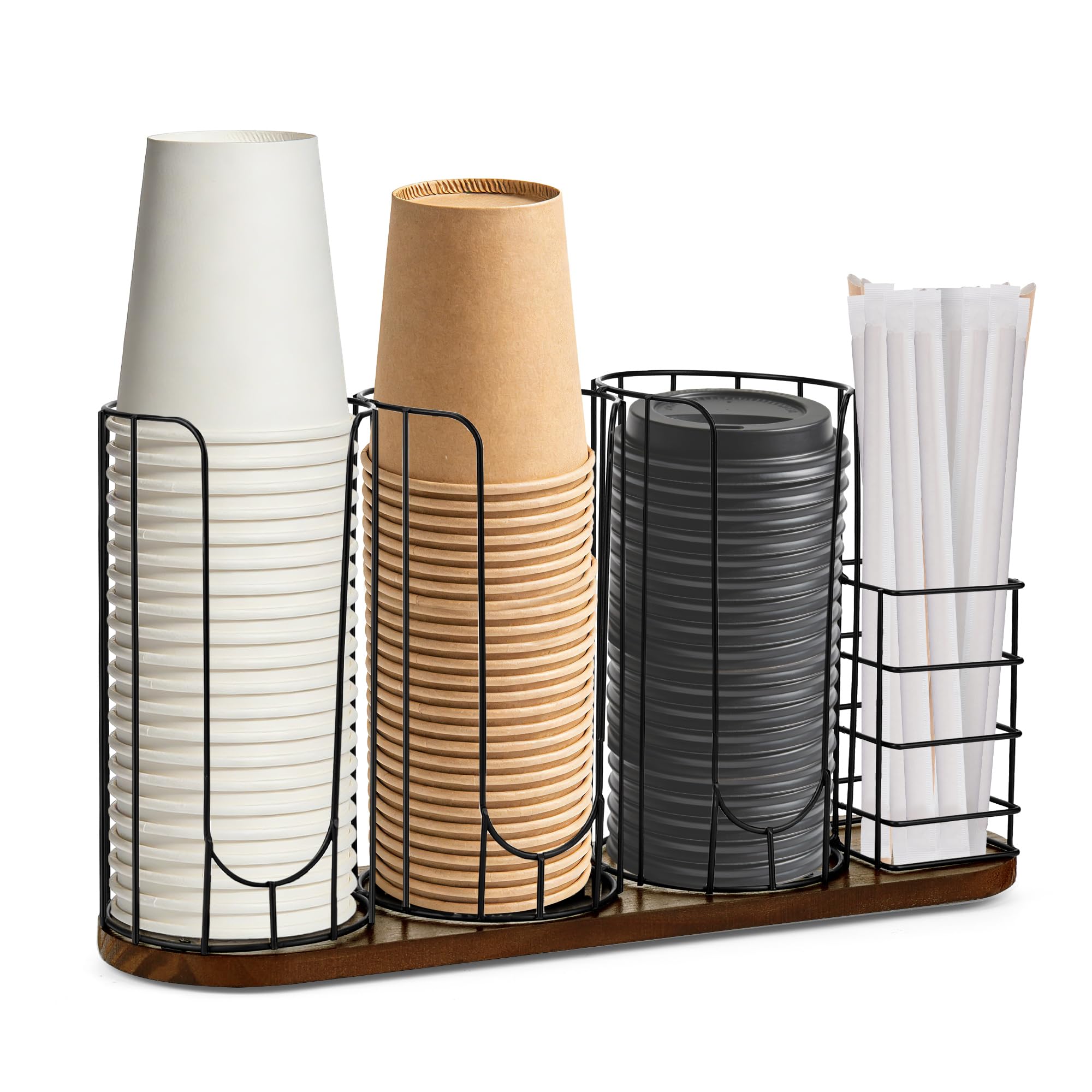 HOMIEE Soporte para Tazas y Tapa Organizador de Café Desechables Metal Dispensador Vasos Desechables de 4 Compartimentos para Café, Bar, Encimera, Sala de Descanso