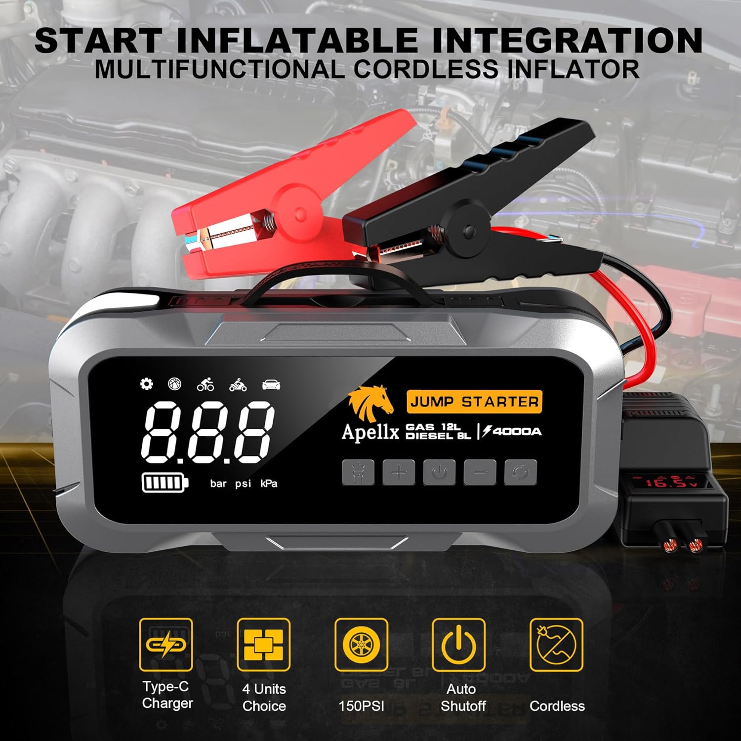 12V 4000A High-Power Car Jump Starter – 24,000mAh Battery Booster with Air Pump & LED Light 150 PSI, 12L Gas or 8L Diesel – Portable Power Bank for Cars, Trucks & SUVs