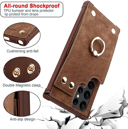 Miniatura 4 de Funda tipo cartera para Galaxy S22 Ultra 5G con tarjetero de crédito, funda de cuero para teléfono compatible con soporte de anillo de rotación de