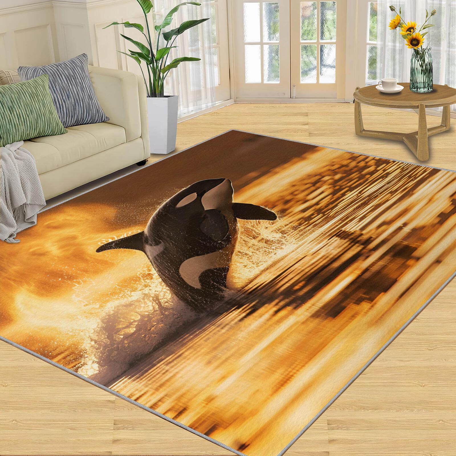 Tapis baleine blanche noire lavable et antidérapant pour salon et chambre