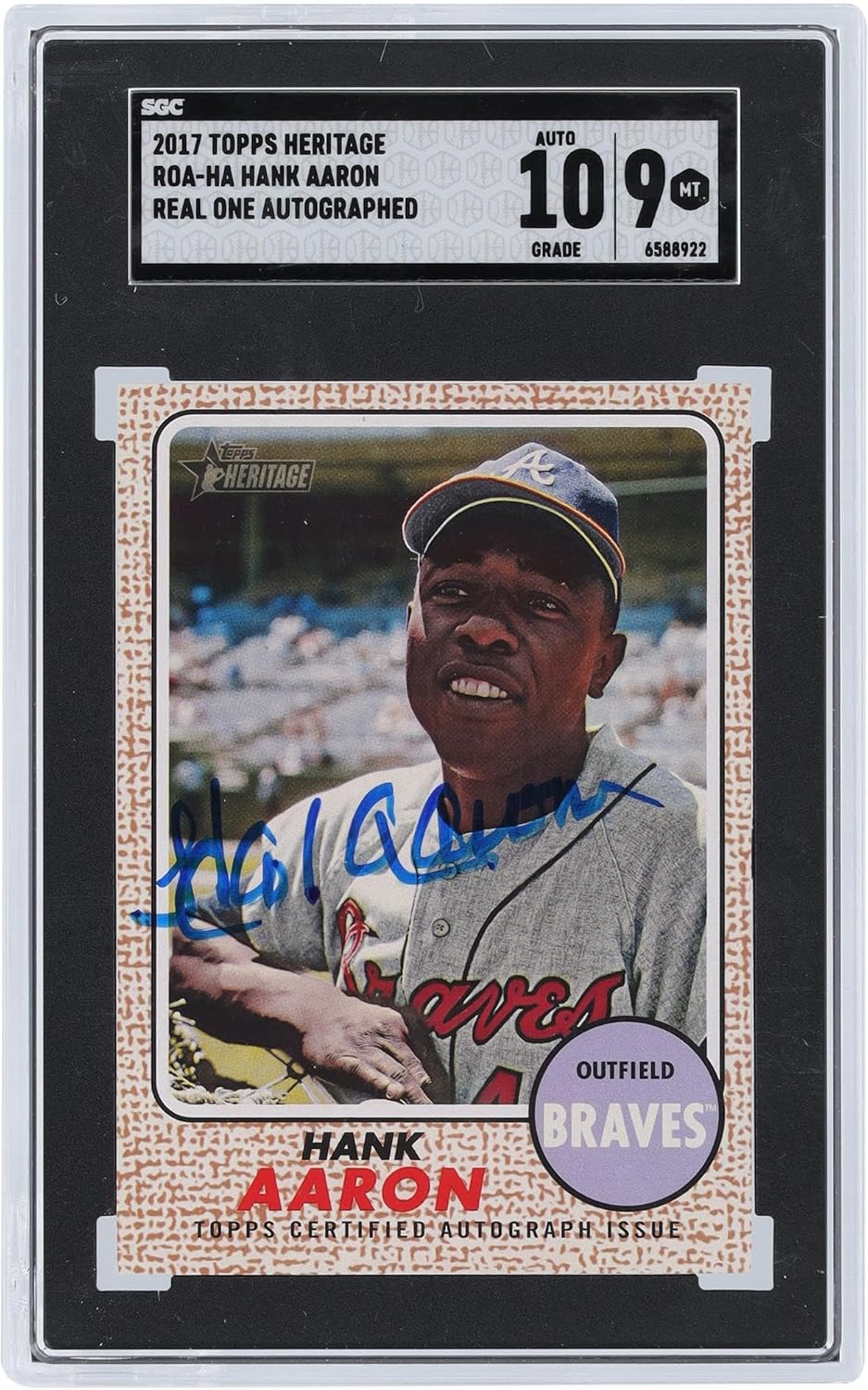 Hank Aaron Atlanta Braves Autographed 2017 Topps Heritage Real One #ROA-HA SGC Authenticated 9/10 Card - Baseball Slabbed Autographed Cards