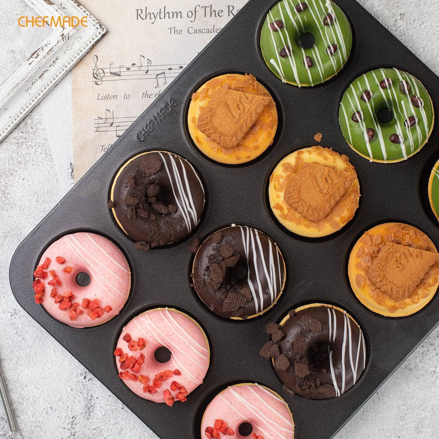 CHEFMADE Nonstick Donut Pan, 12 Cavity Ring Doughnut Pan for Baking Cookies Bagel (Black)