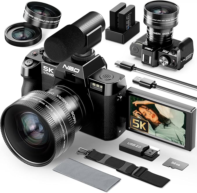 5K Digital Cameras for Photography,48MP Camara Fotograficas,Travel Vlogging Cameras for YouTube with 16X Digital Zoom,180°Flip Screen,52mm Macro Lens,2 Batteries,32GB SD Card（Black）