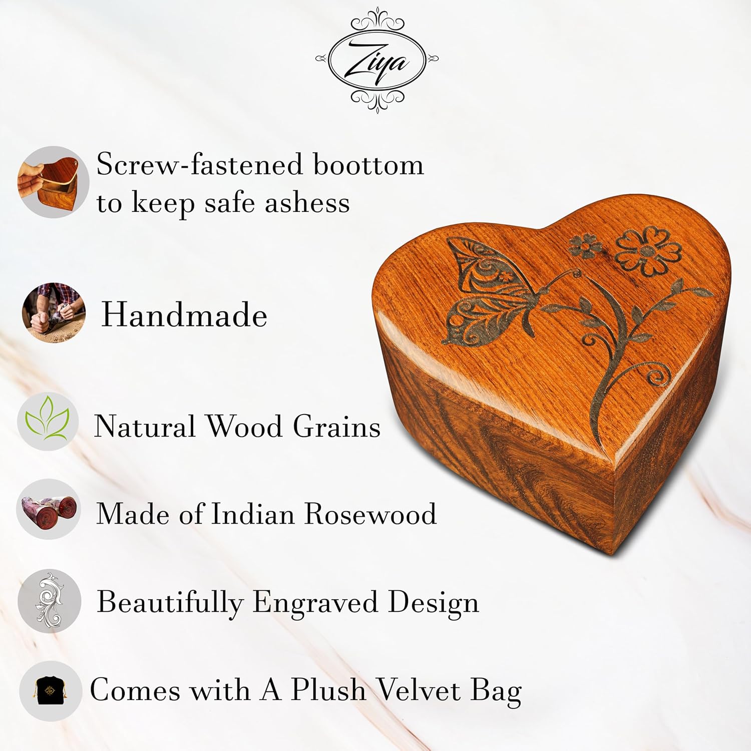 ZIYA Wooden Butterfly Heart Keepsake Urn – Small Cremation Urn for Human Ashes Adult Female, Male - Honor Your Loved One with Mini Sharing Tiny Urn Box for Women, Men Either for Any Pets