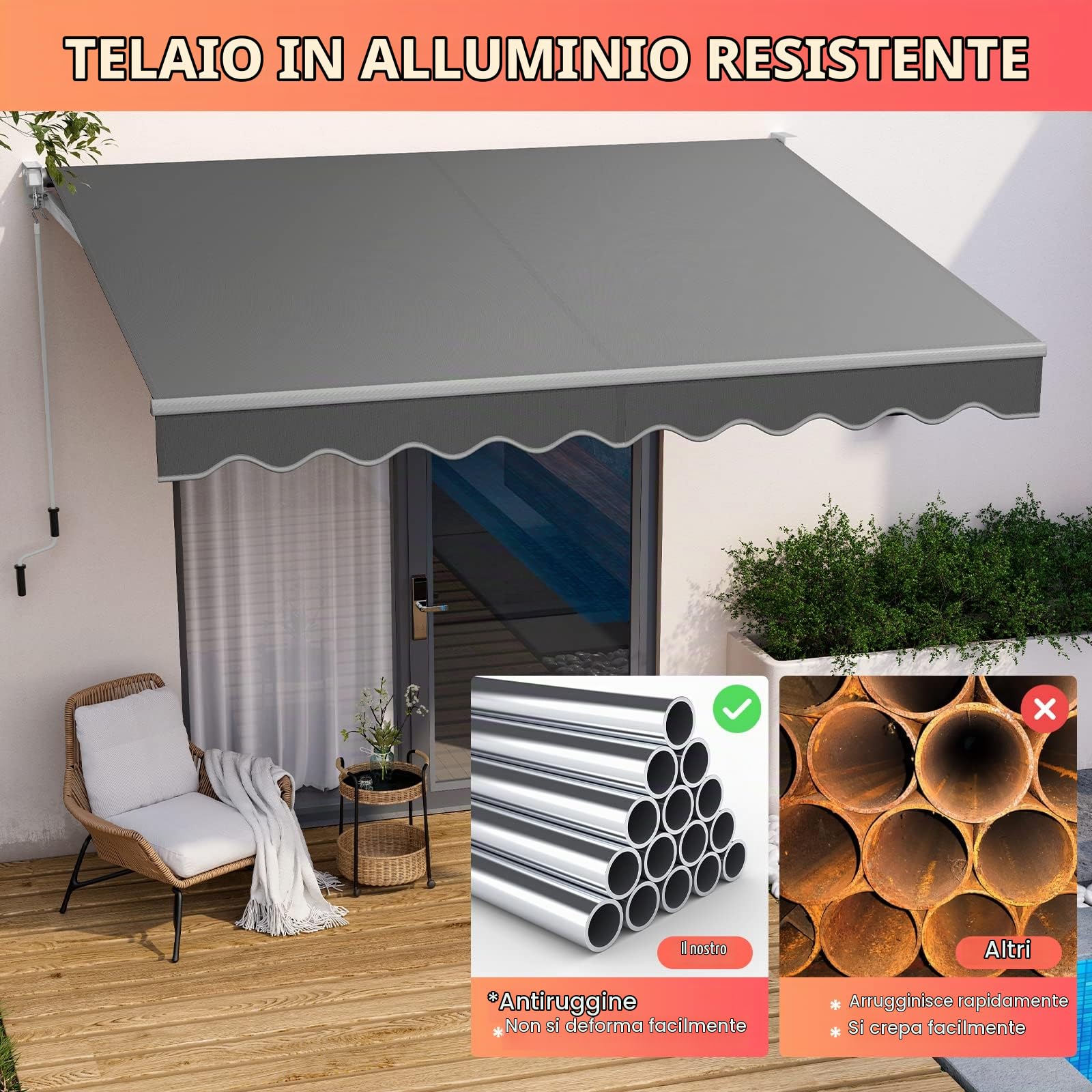 RELAX4LIFE Tenda da Sole con Bracci Estensibili 295x250cm con Manovella Manuale, Angolazione Regolabile per Balcone e Terrazzo, GRIGIO