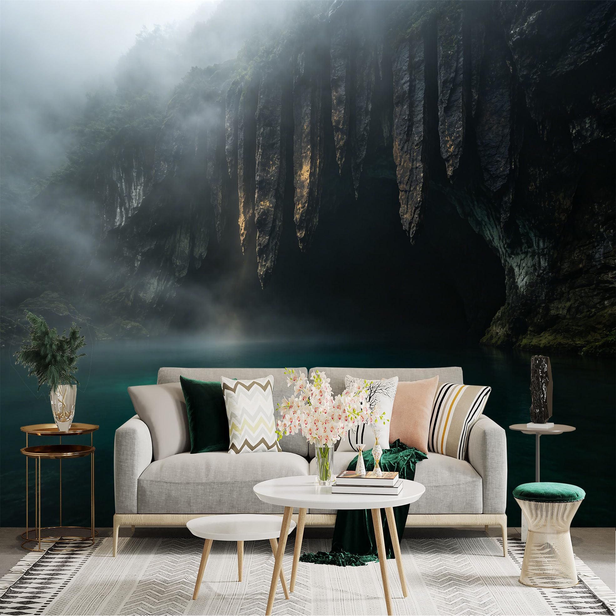 Lnzczhyre Dbh260521740 Custom Size Wall Sticker Mural， Mysterious Mist Cave With Turquoise Water， Limestone Rock Formations， For Wall Decoration， Peelandstick Wall Decals.