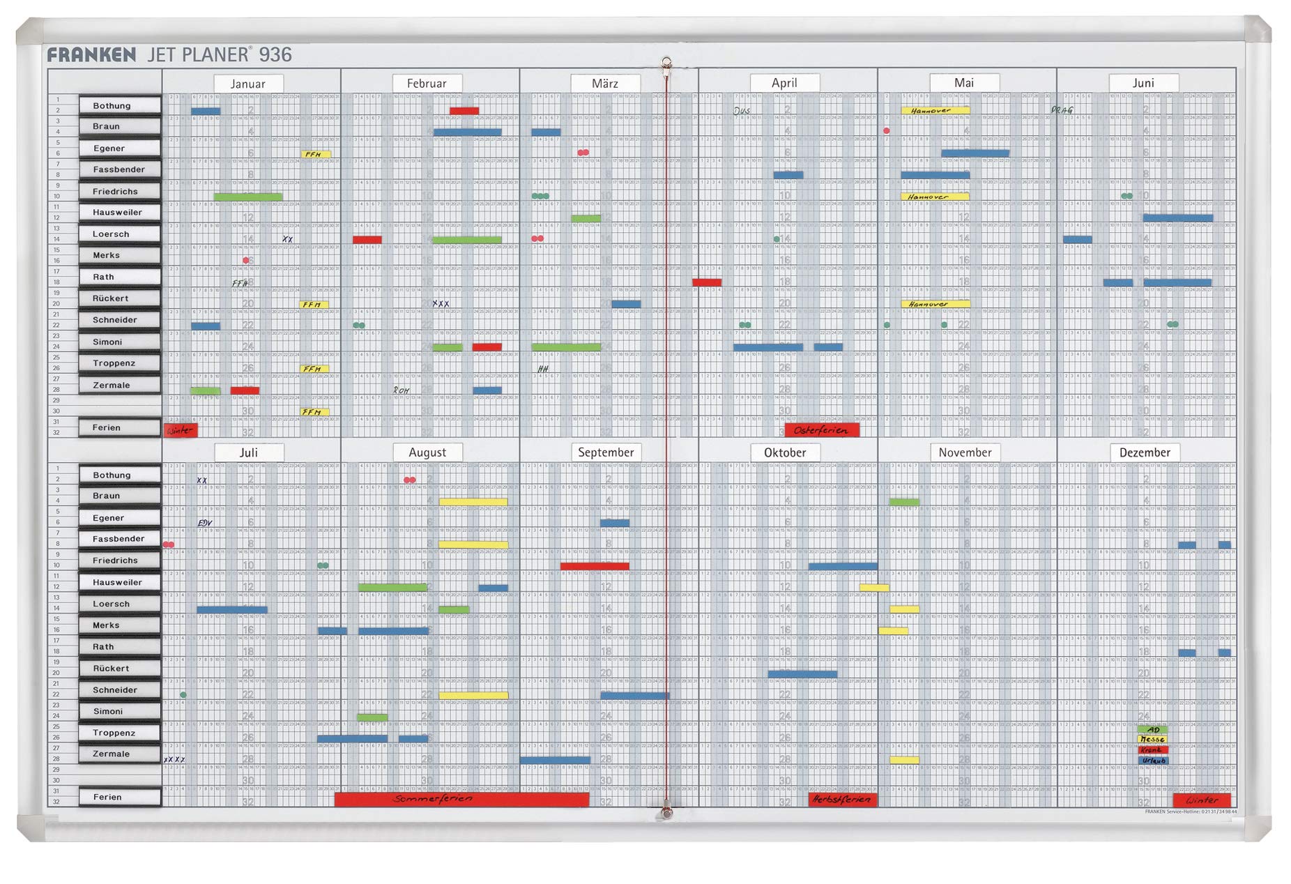 Franken GmbH SJP936 - Jahresplaner maximal 32 Positionen (12 Monate x 31 Tage mit Zubehör) 60 x 90 cm, weiß