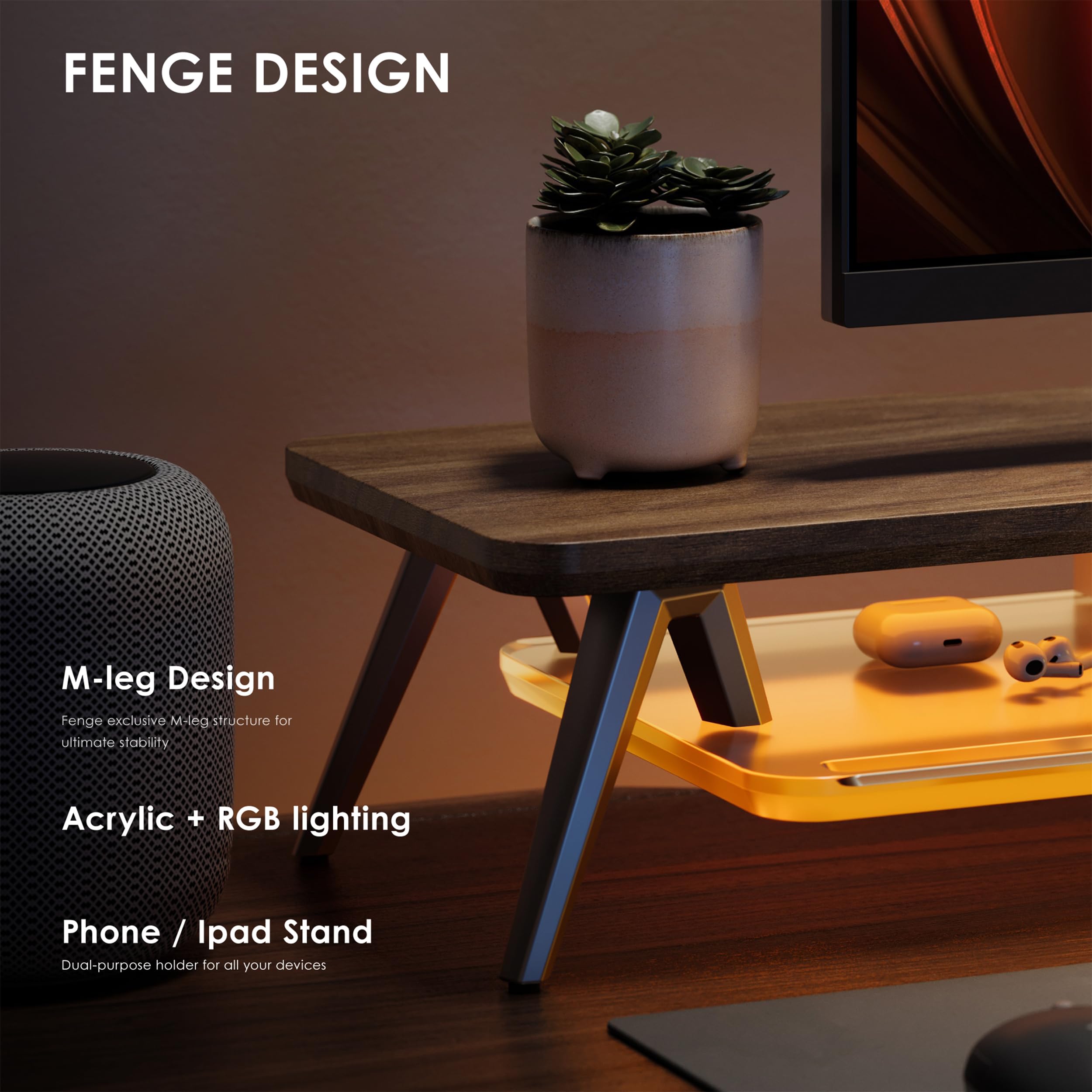 Fenge Monitorständer,108cm, LED-Beleuchtung für Laptop PC TV, Braun | Schaltbare Farben, 2 Geräte, Bis 45kg, Ablagefach für Telefon/Tablet/Stift, Acryl-Ablage, Bildschirm Schreibtisch Büro Home