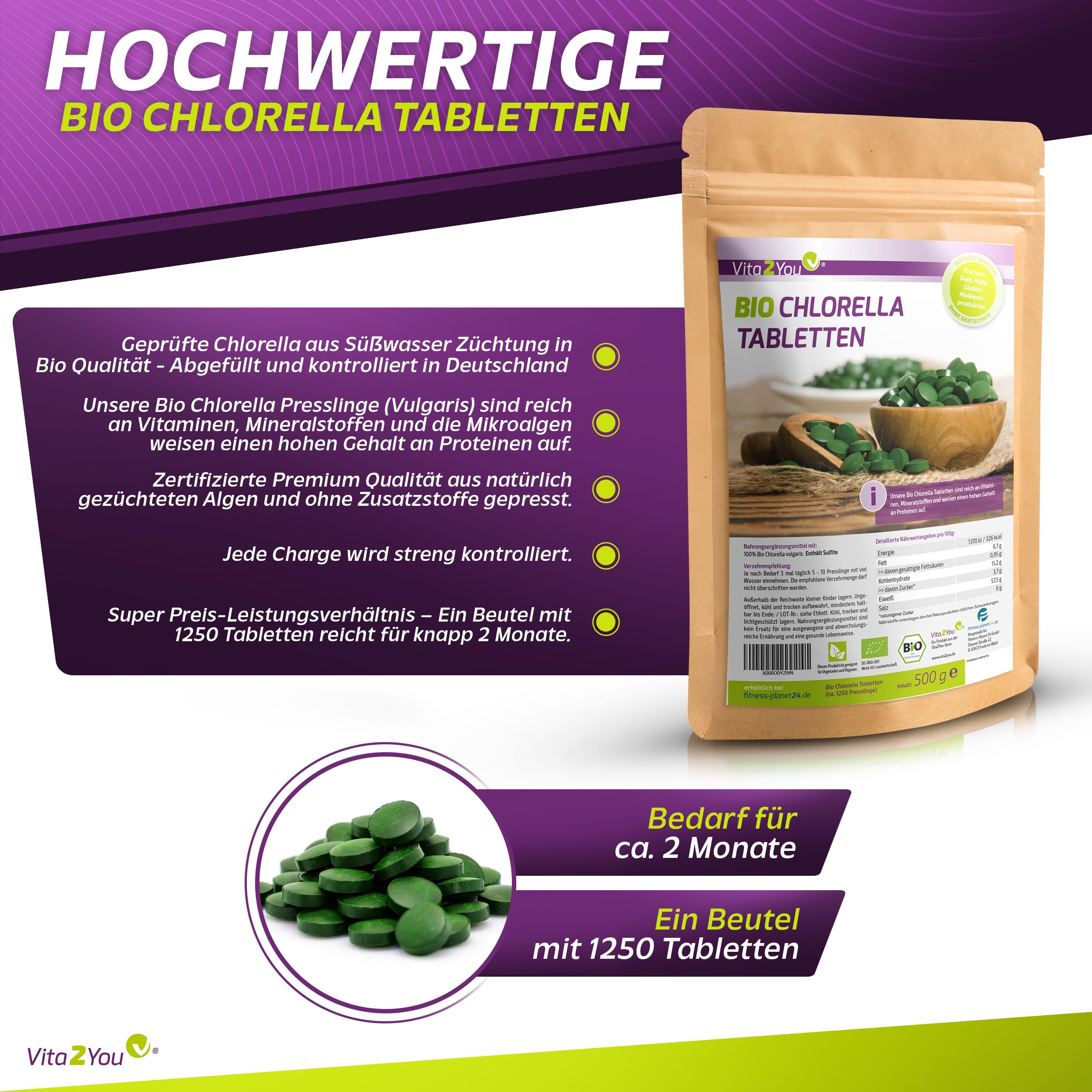 Vita2You Bio Chlorella Tabletten | 400mg pro Tablette | 1250 Presslinge | 500g Algen aus Ökologischen Anbau | Rohkost im Zippbeutel