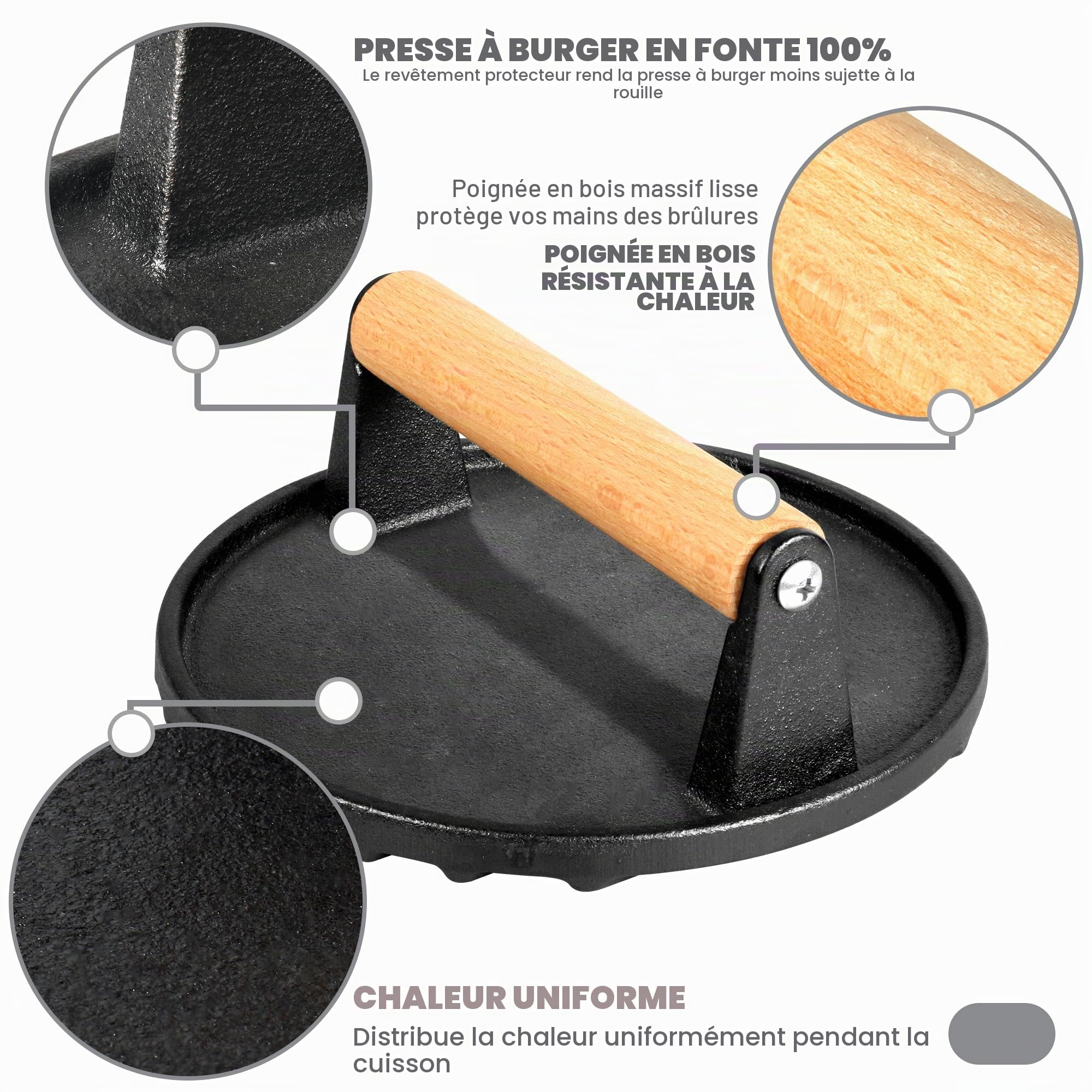 Alyoen Lot de 2 presses à hamburger en fonte, presse à hamburger avec antiadhésif, ronde et rectangulaire, grande presse à hamburger de 1 kg, pour presser des steaks, des hamburgers, du bacon, des