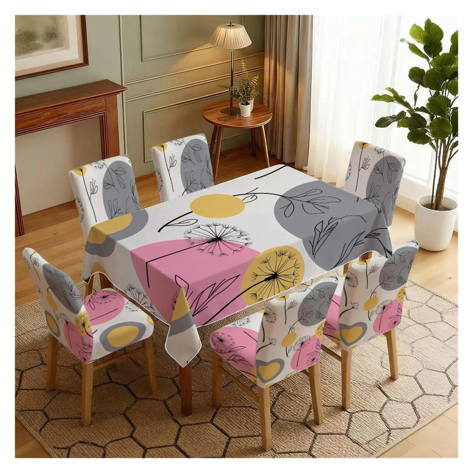 BOSUYBN Dandelion Geometric Line Printed Dining Tablecloth & Chair Covers Set, 5/7 Piece Mid Century Modern Minimalist Home Decor Table Setting(7pcs Set: Tablecloth+Chair Covers)