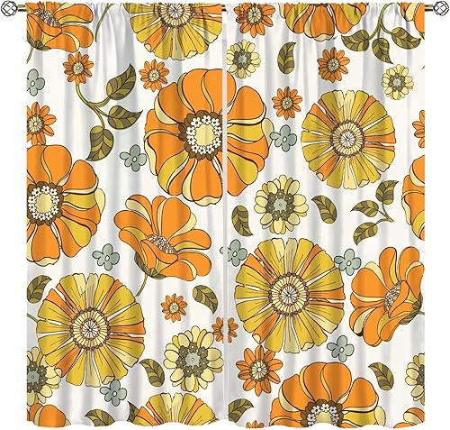 Cortinas florales retro de los años 70 con patrón de margaritas naranjas de mediados de siglo, con bolsillo para barra, cortina para sala de estar y