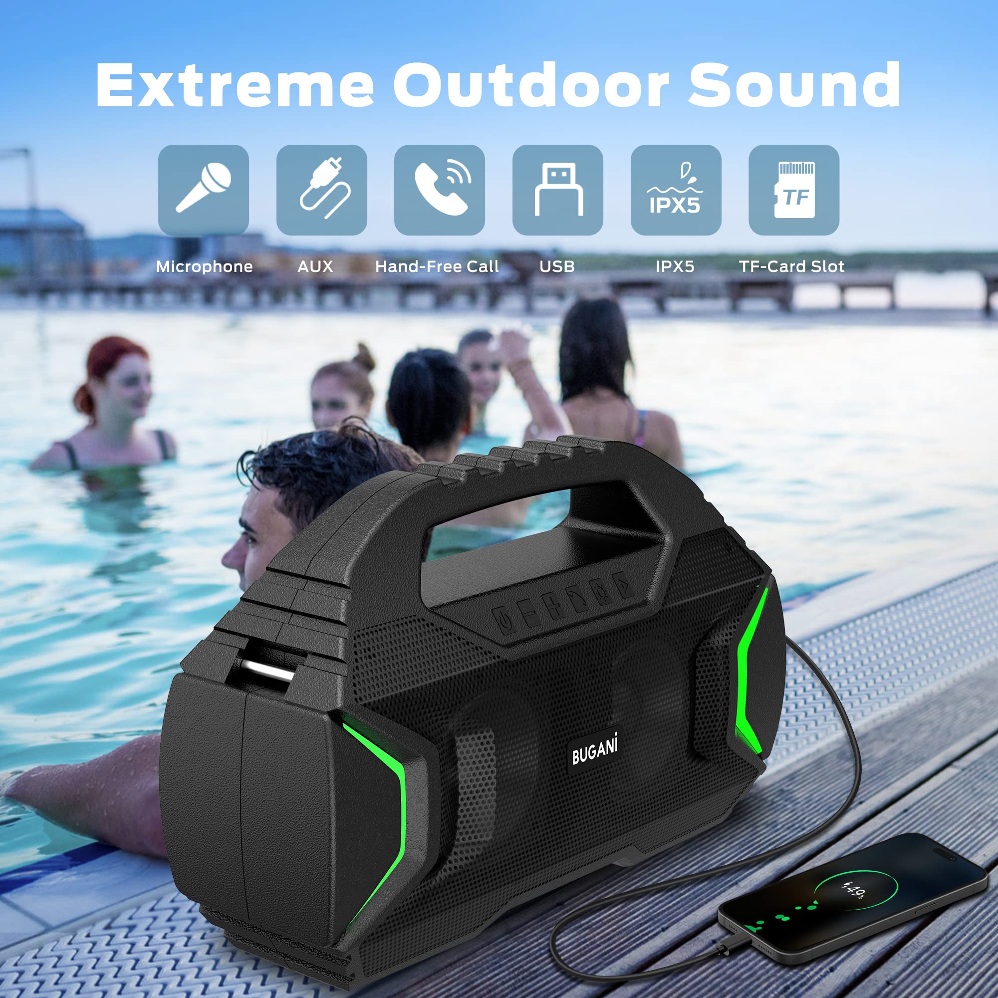 BUGANI Bluetooth Speakers with Wireless Microphone, Party Plus Wireless Portable Speaker with Big Power Stereo Sound, 30H Playtime, Support Karaoke/TF/AUX/USB, Suitable for Party, Outdoor Speaker