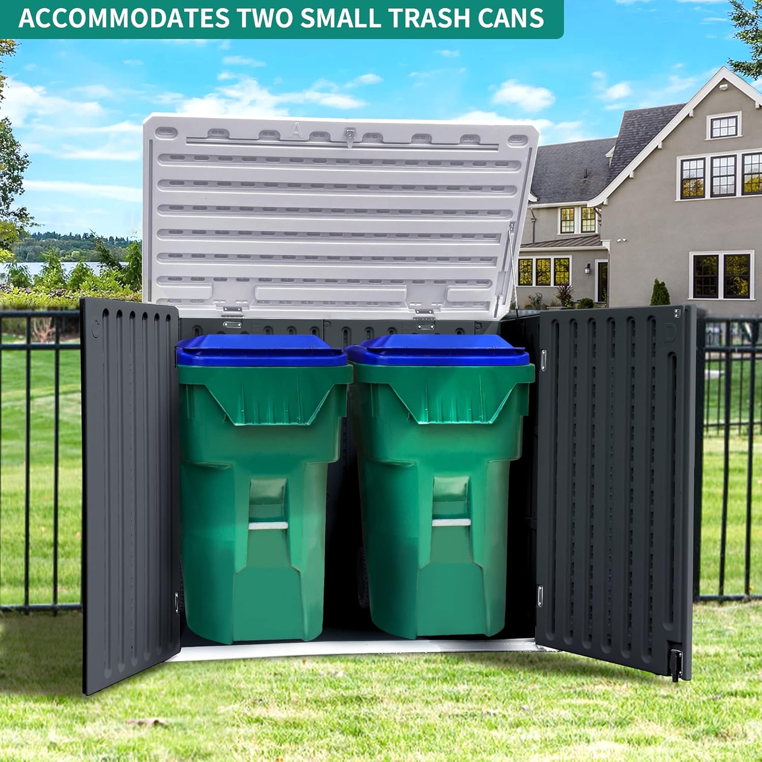 YITAHOME Outdoor Horizontal Storage Shed in an outdoor setting, demonstrating its use as a storage shed, storeroom, garbage bin enclosure, and pet house.