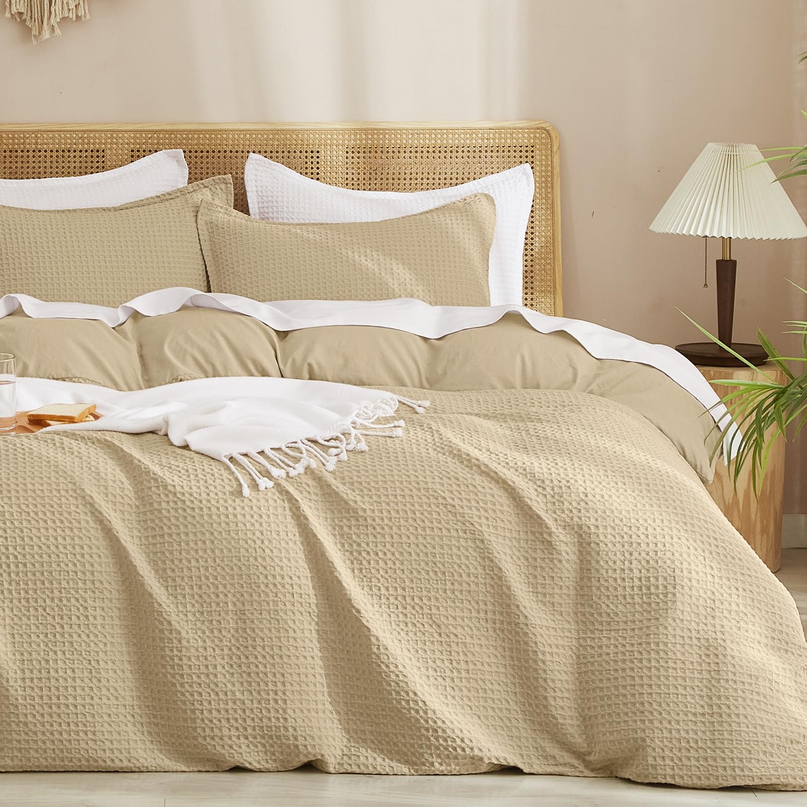 PHF Waffle Weave Duvet Cover Set Queen Size, No Snagging Ultra Soft Luxury Textured Breathable Comforter Cover for All Season 3pcs, Durable Bedding Duvet Set with 2 Pillow Shams, 90"x90", Khaki