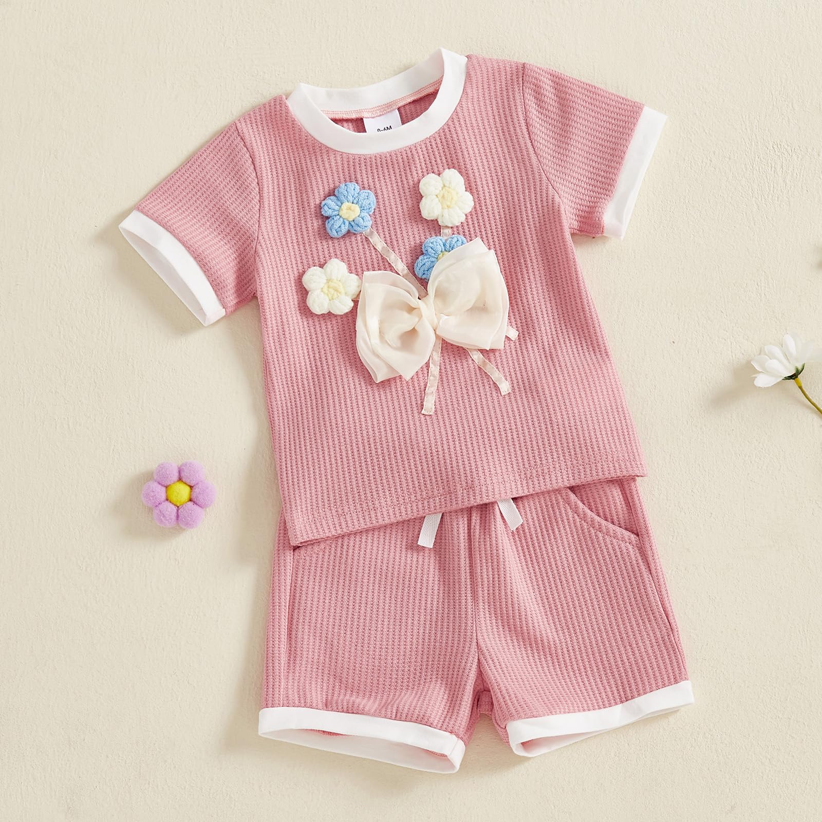 Nsywmzy Toddler Baby Girl Outfits 0-5T Summer Clothes Waffled 3D Flower Short Sleeve Round Neck Tops Elastic Waist Shorts Set (Pink 2, 12-18 Months)
