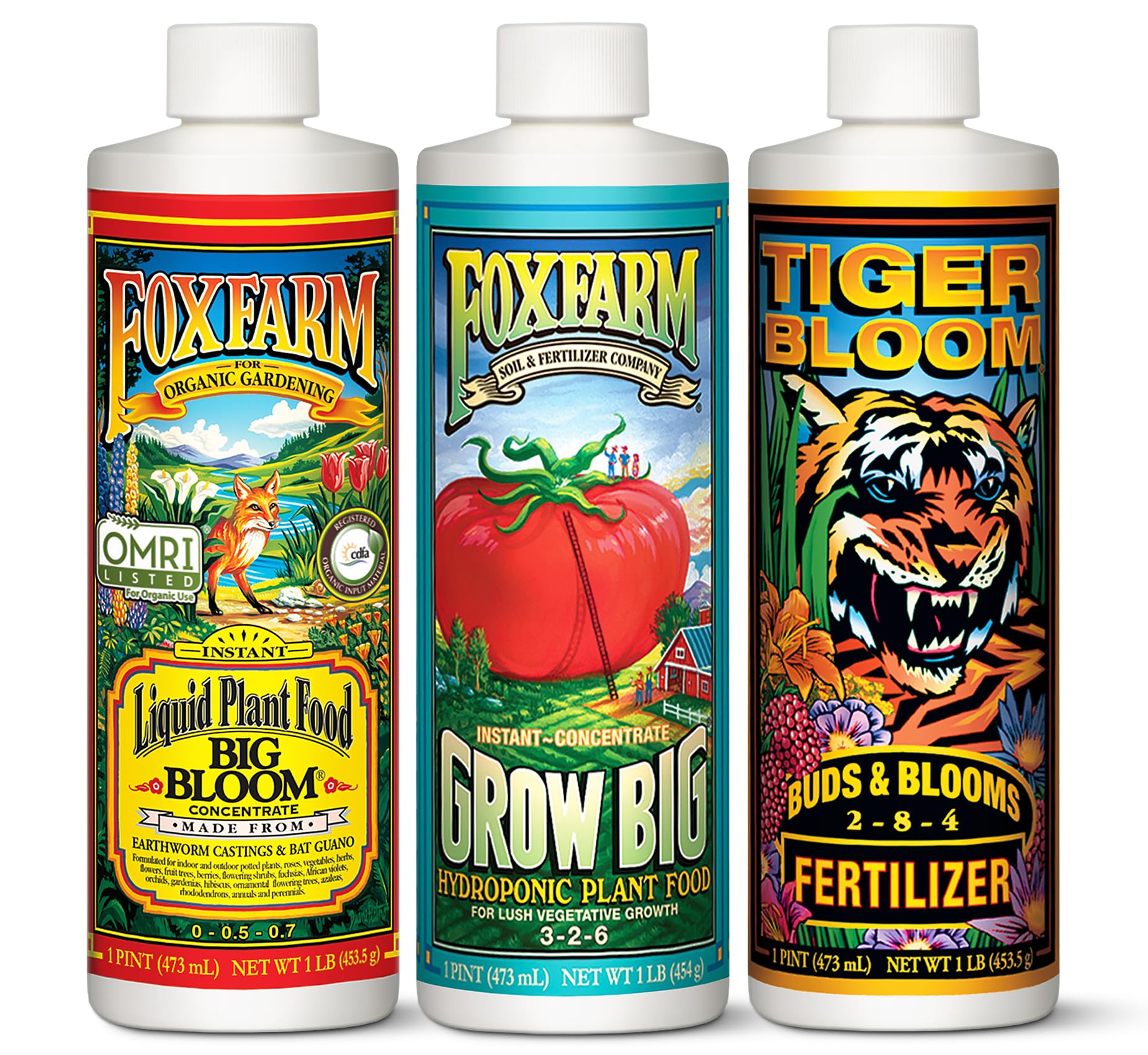 FoxFarm Liquid Nutrient Trio Hydro Formula: Big Bloom, Grow Big Hydro & Tiger Bloom - for Hydroponic Gardening, Green Growth, Buds & Late-Season Flowers, (3-16 oz Bottles)