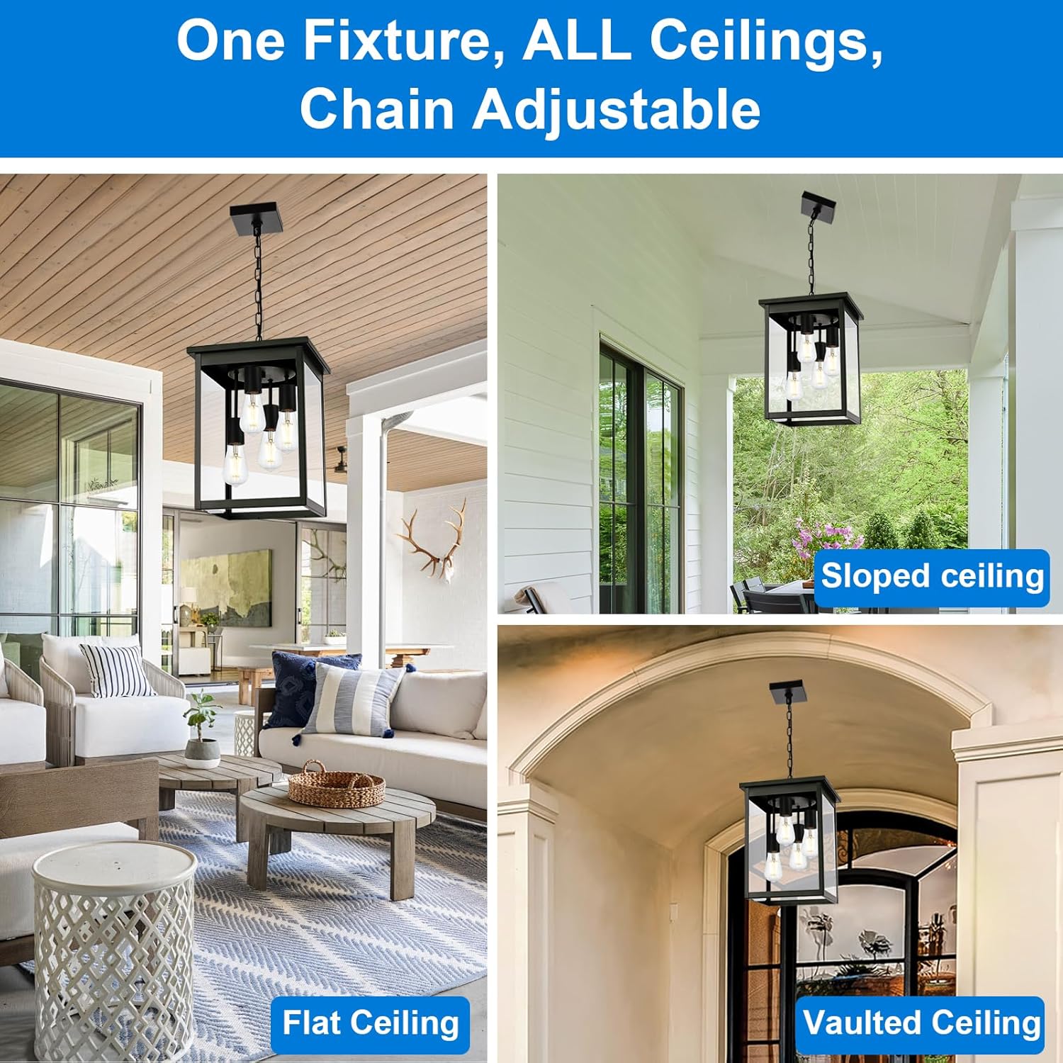 16.7'' Outdoor Pendant Lights for Porch, 4-Lights Black Exterior Pendant Light with Clear Glass, Outdoor Porch Light Ceiling Mount Outdoor Hanging Light Fixture for Gazebo, Patio, Entryway