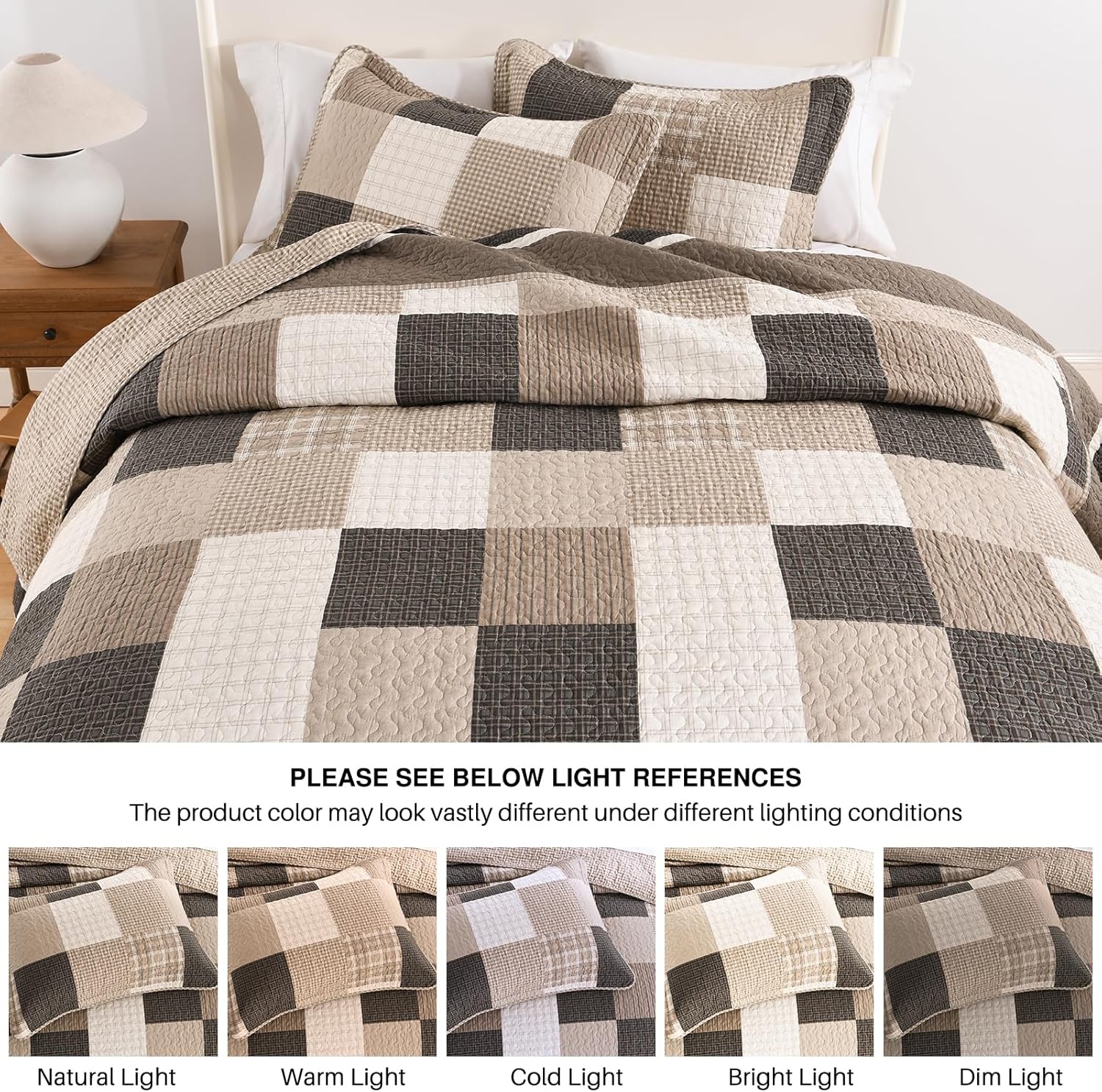 DDUOXIN Queen Bedspread 102" W x120 L - 100% Cotton Lightweight Oversized Quilt with 2 Pillow Shams, Farmhouse Plaid Reversible Bedspreads Coverlet Set, Brown/Beige/Oatmeal - Image 7