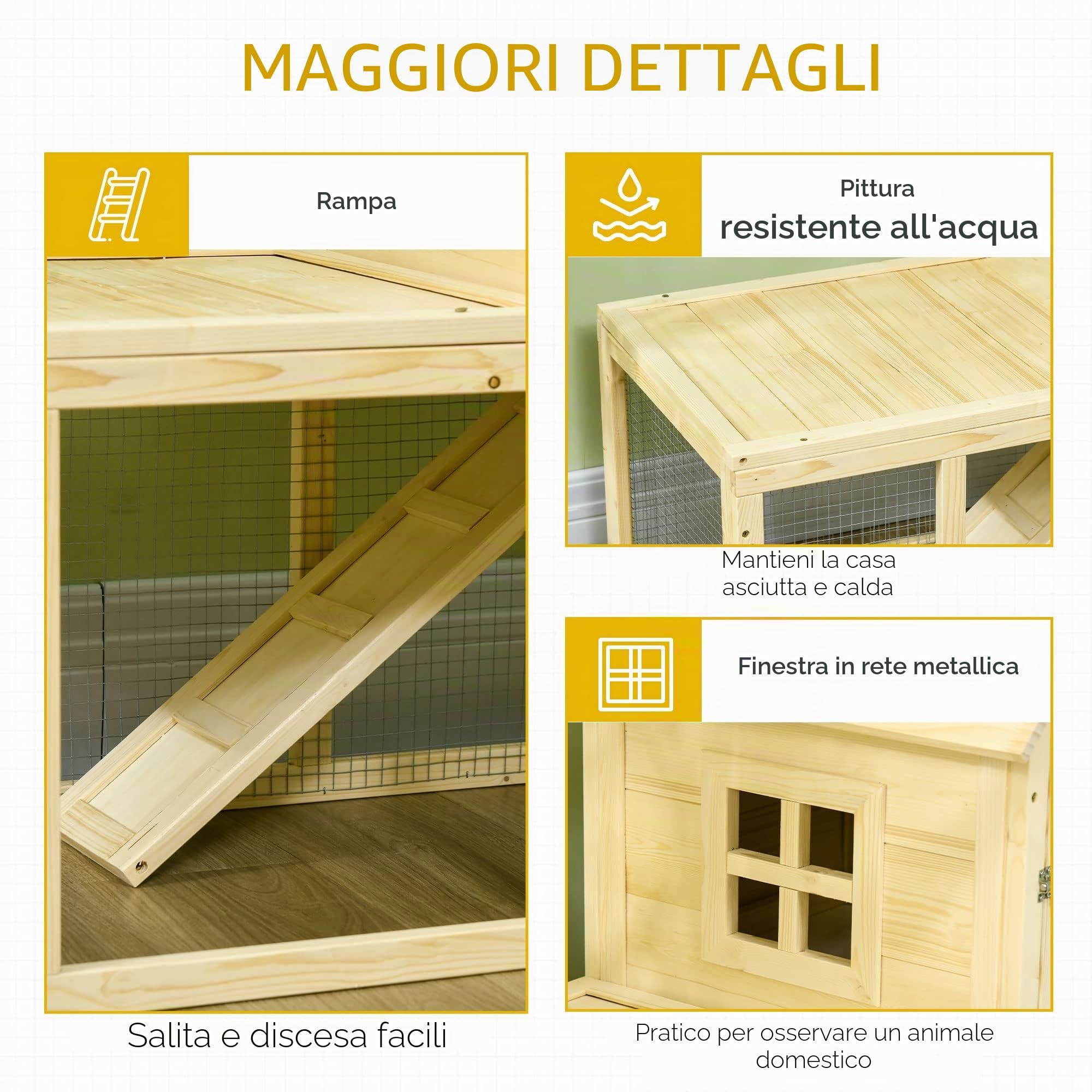 PawHut Legnaia Coniglio 2 Livelli, Area Corsa, Rampe | Recinto animali, villa coniglio, porte bloccabili, 151,5x106x97 cm.