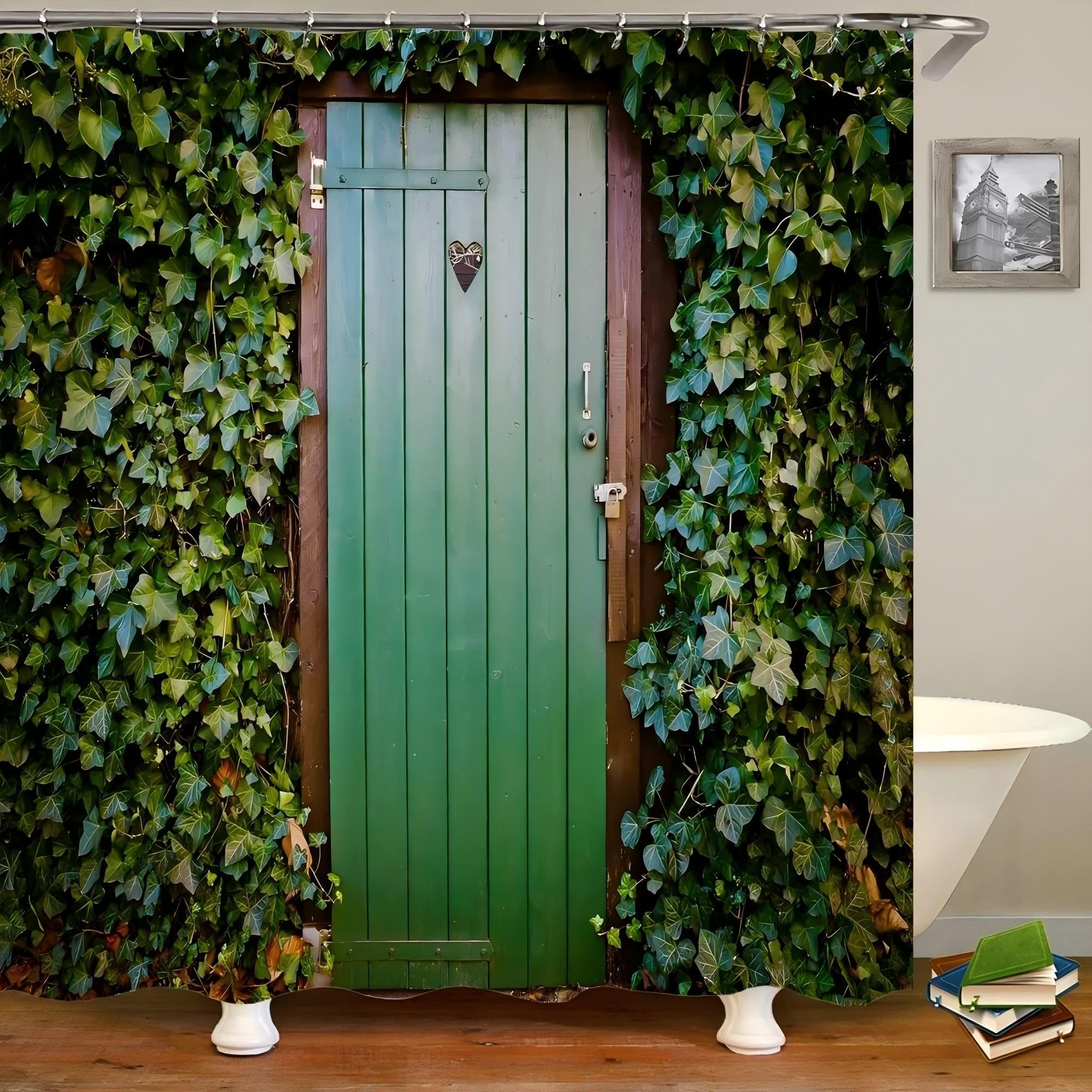 Rideau de douche plante verte 120x150cm imperméable avec crochets pour salle de bain