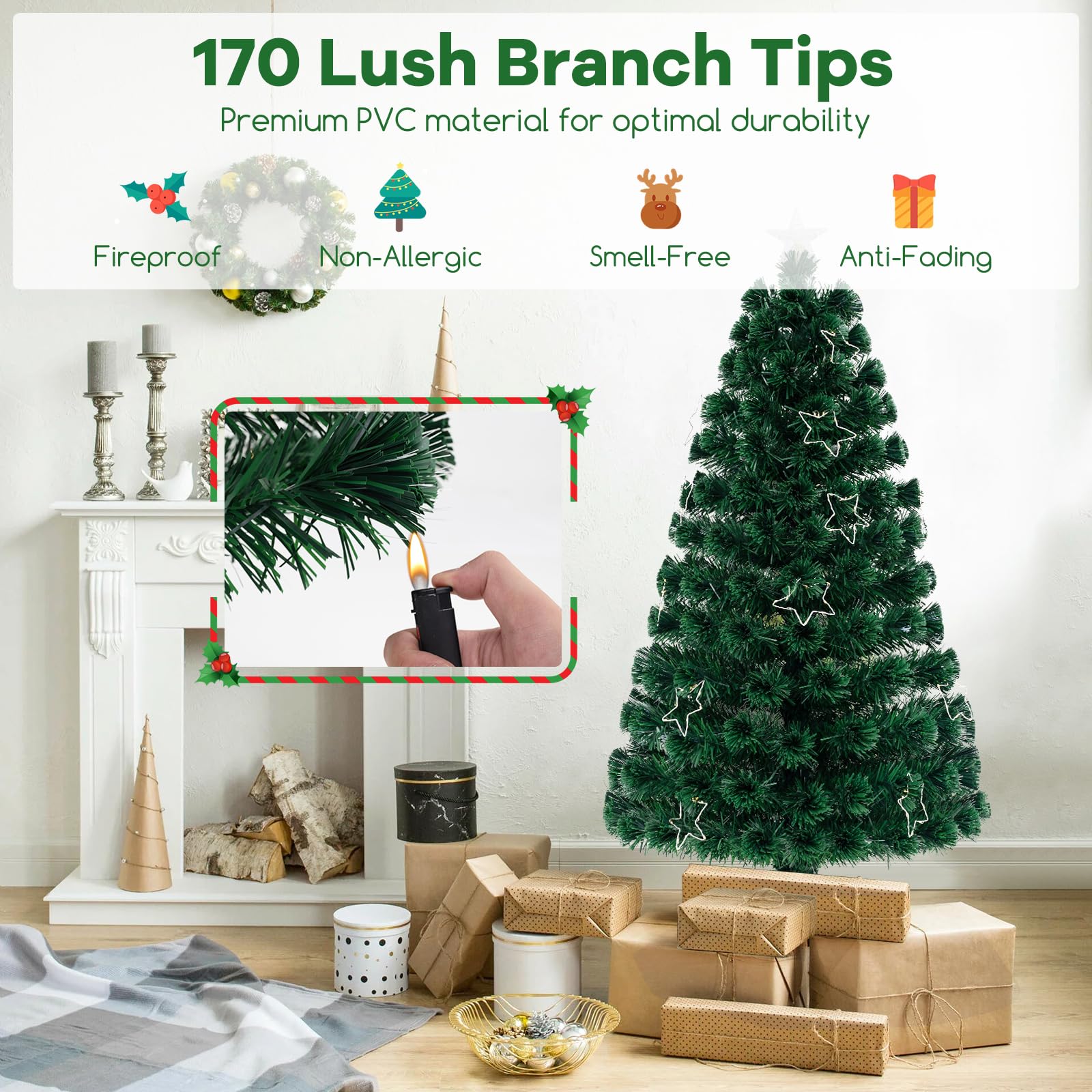 Amazon.de: DREAMADE 150CM Knstlicher Weihnachtsbaum mit Beleuchtung,  Christbaum mit 170 Spitzen & 25 Stern-Dekorationen, Tannenbaum fr  Weihnachten ...