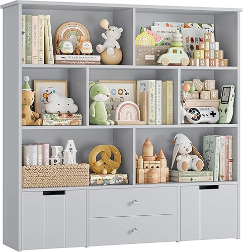 Miniatura 7 de FINETONES Organizador de almacenamiento de juguetes, estantería grande para niños con 4 cajones y 7 cubículos, organizadores de juguetes y