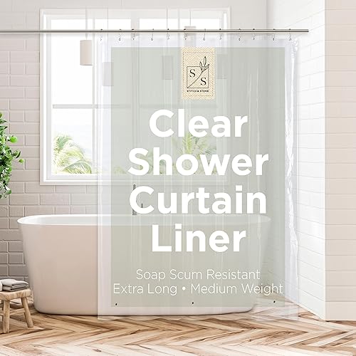 Miniatura 24 de Stitch & Stone Forro de cortina de ducha, Premium ligero duradero impermeable 4g PEVA para baño con imanes con peso, tamaño estándar 70" x 72"