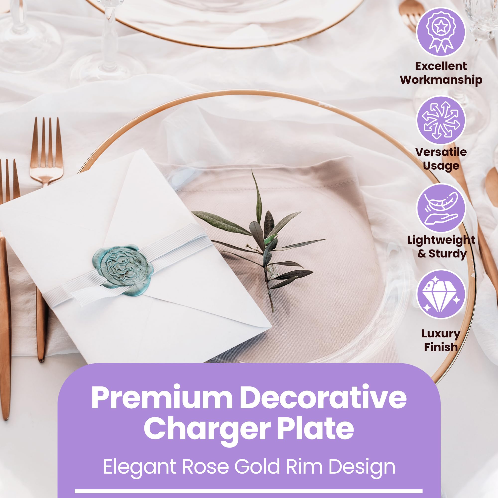Plato de carga de cristal con borde de oro rosa de 33 cm, impresionante decoración de mesa de comedor para bodas, aniversarios, cumpleaños y eventos, elegante vajilla de fiesta para catering, comedor