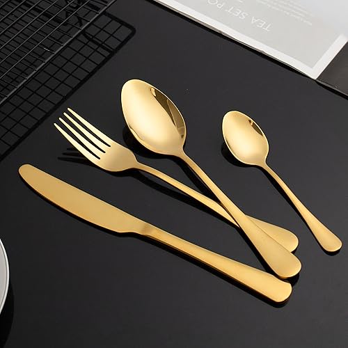 Miniatura 2 de Staninless - Juego de cubiertos de acero (dorado), juego de cubiertos dorados de 24 piezas, juego de servir dorado para el hogar y restaurante, apto
