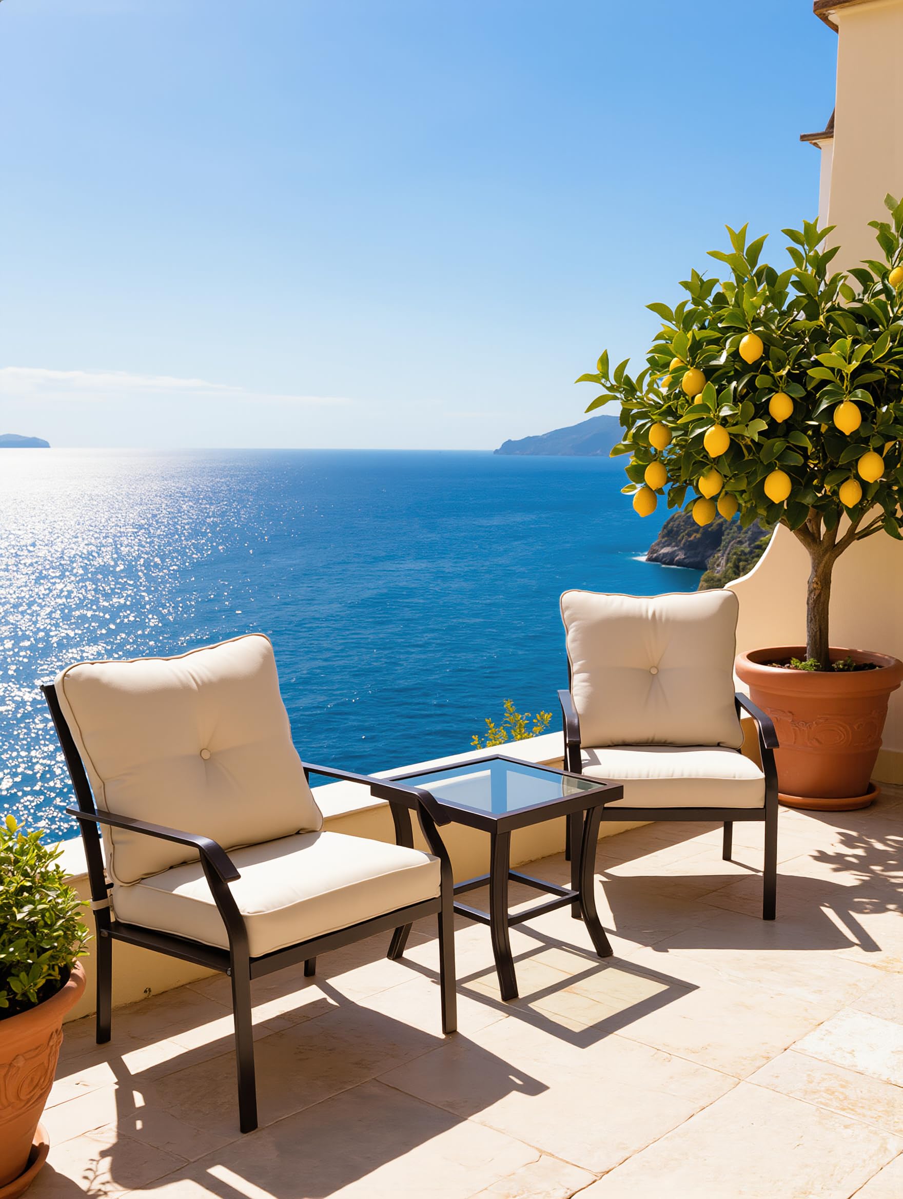 Set Bistro da Giardino 3 Pezzi BORA BORA – 2 Poltrone con Cuscini Beige + Tavolino Quadrato 50x50 cm Piano Vetro Temperato – Arredo Outdoor Balcone Terrazzo – Struttura Acciaio Marrone