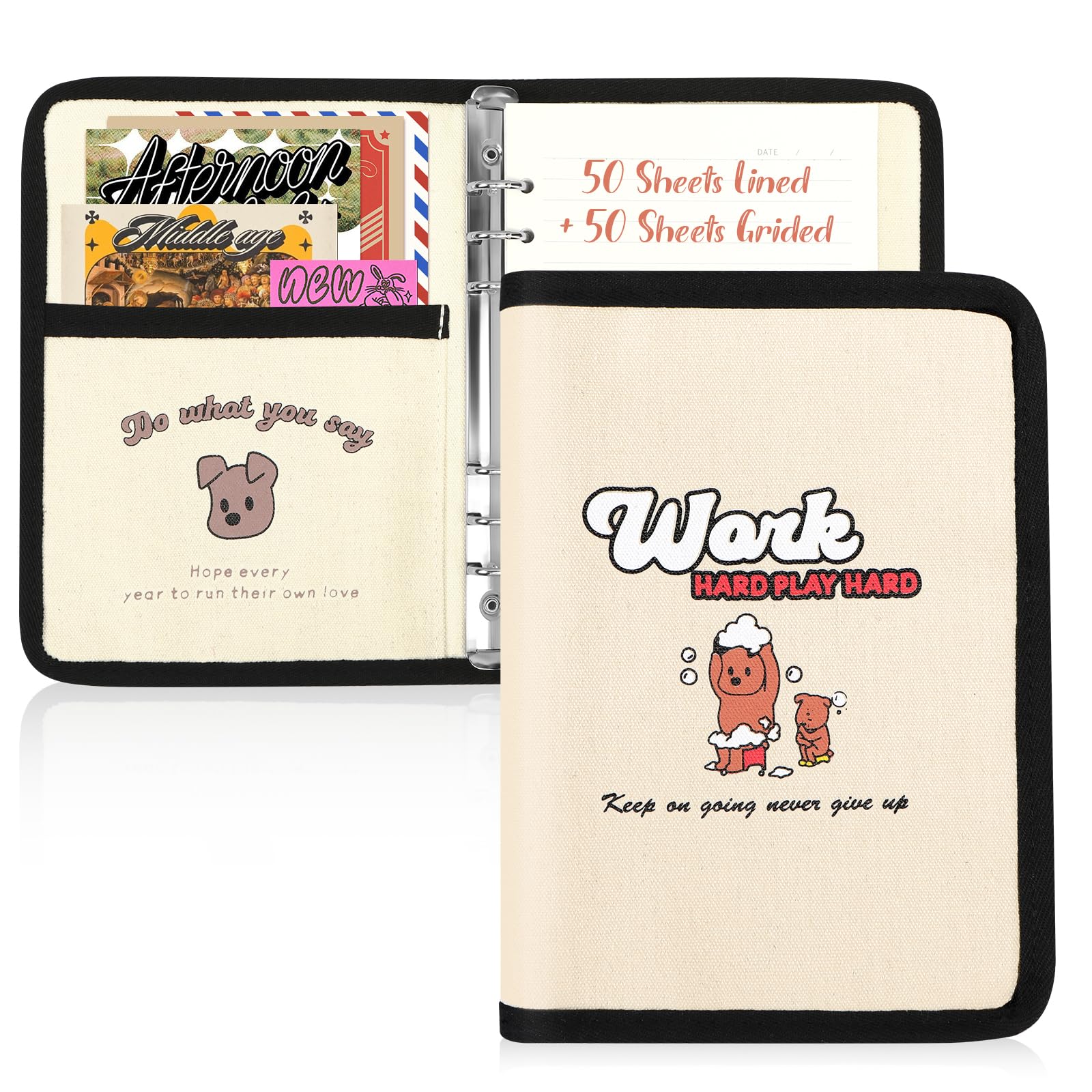 Toplive A5 Refillable Binder Notebook, Soft Canvas Notebook 6 Ring Binder Cover, with 100 Sheets Filler Paper, Cute Puppy Pattern Journal Notebook for