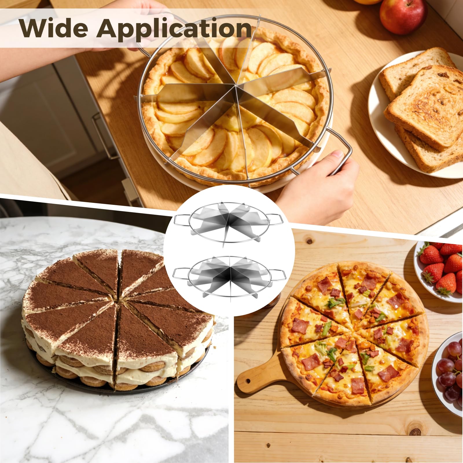2 Stk. Kuchenteiler 7er und 10er Schnitt, Pizza-Teiler aus Edelstahl mit Seitengriffen, runder Markierer im Expertenstil für gleichmäßige Portionen, geeignet für Torten, Kuchen, Tartes, Desserts
