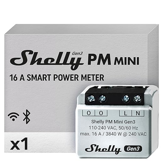 Shelly PM Mini Gen3 | WiFi Smart Power Meter 1 Channel 16 A | Home Automation | Bluetooth Gateway | Compatible with Alexa & Google Home | iOS Android App | No Hub Required | Smart Schedules