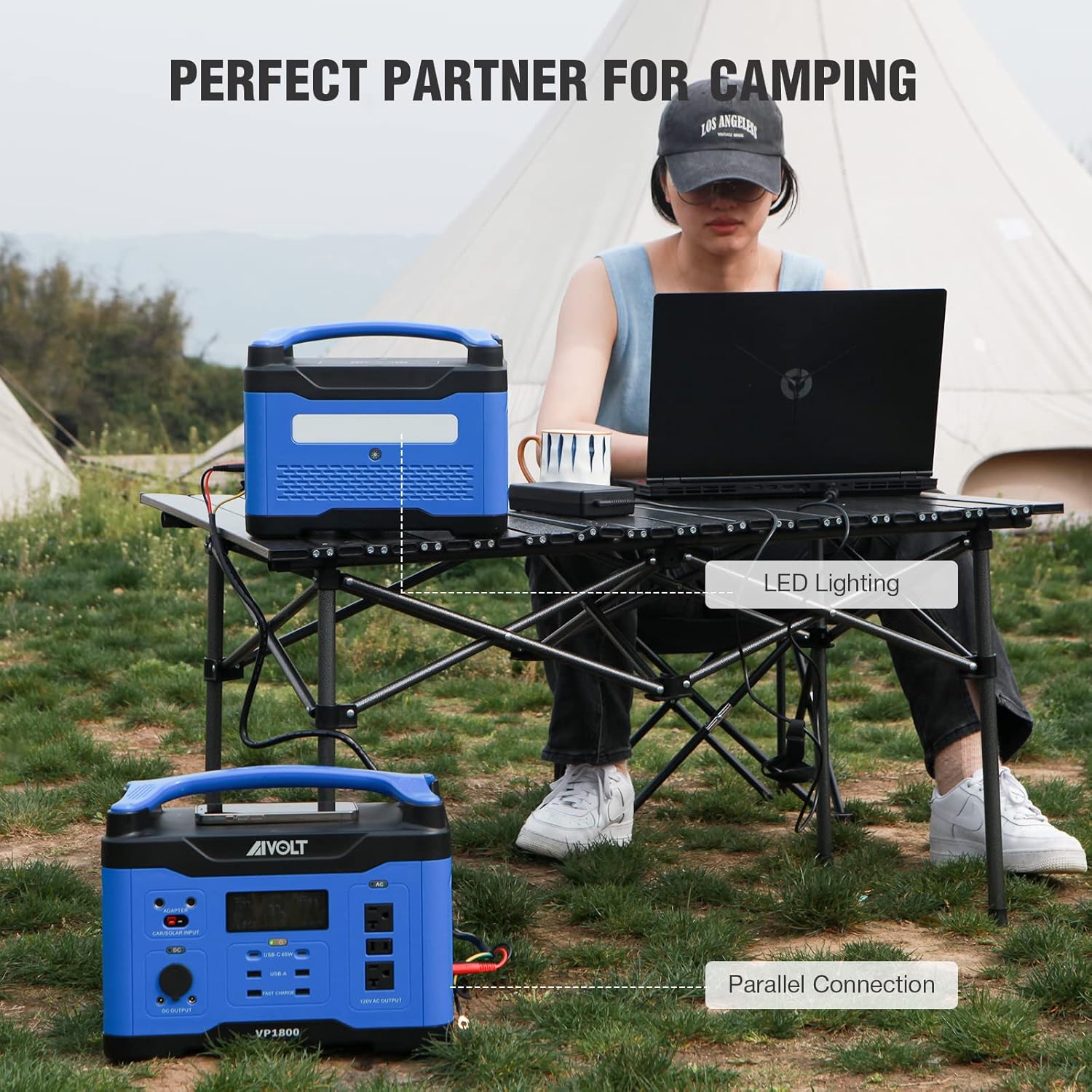 Two AIVOLT power stations connected in parallel at a campsite, providing extended power for outdoor activities.