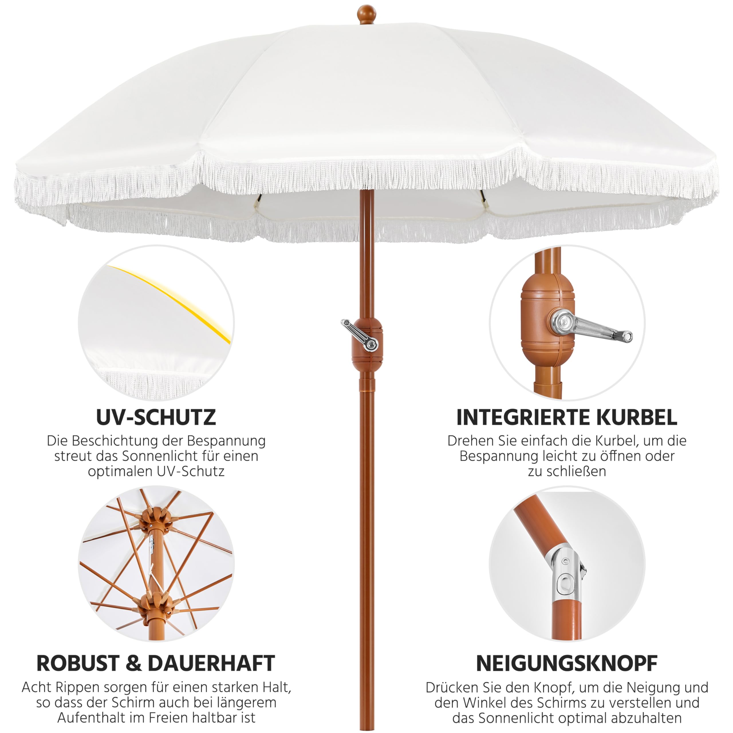 Yaheetech Gartenschirm mit Fransen, neigbar, Ø 235/275 cm, Sonnenschirm für den Außenbereich, rund, wasser-/UV-beständig, mit 8 Streben, Kurbel, Schutzhülle