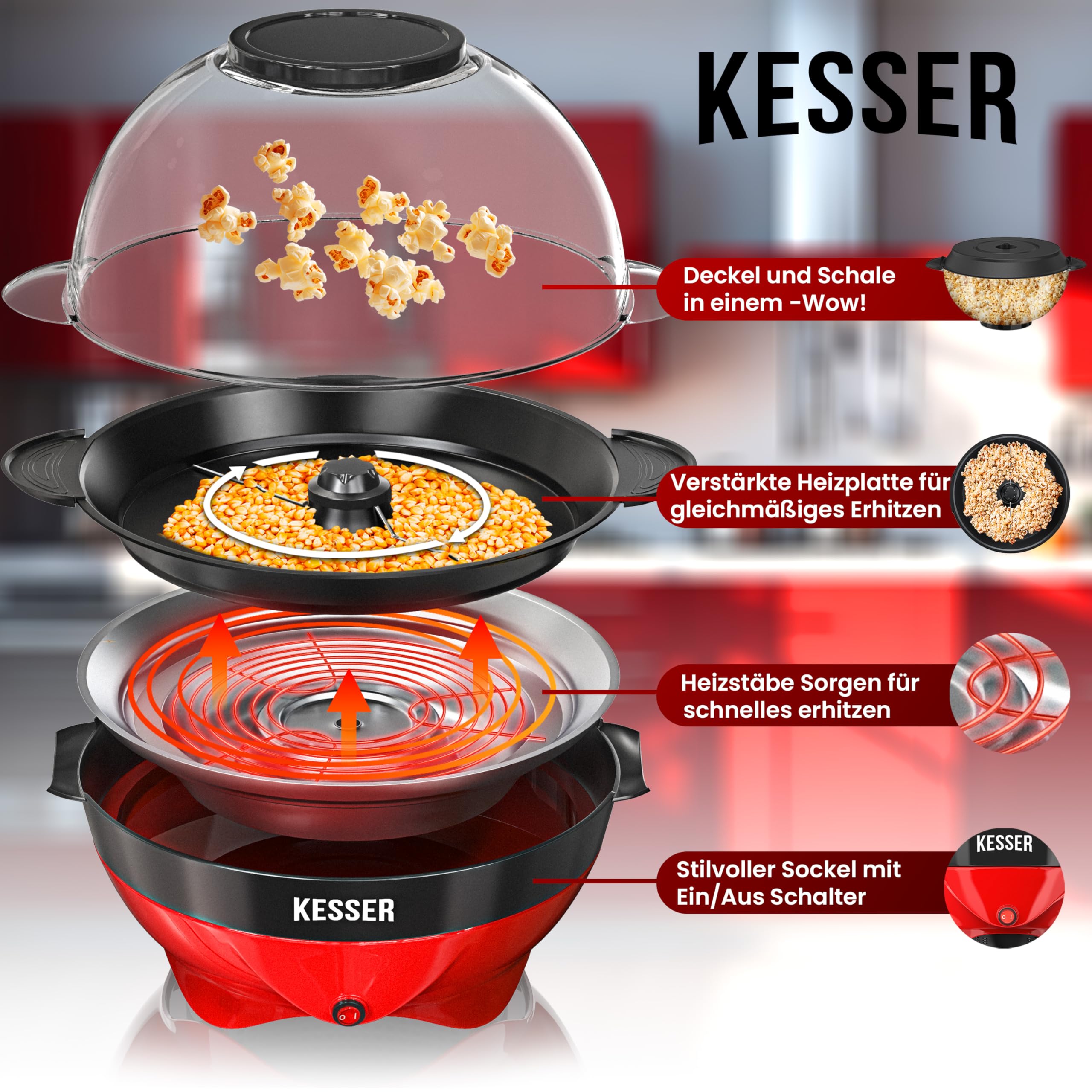 KESSER® Popcornmaschine Groß 800W | Popcorn-Maker 5,5l Inhalt mit Antihaftbeschichtung Deckel & Servierschale | für Öl Butter Zucker Stille & Schnelle inkl. Mess-&Popcornbecher abnehmbarer Heizfläche
